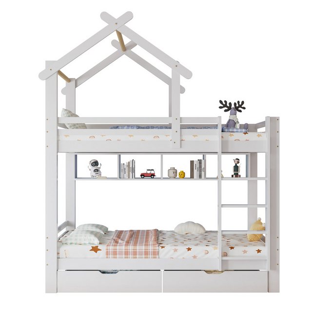 TavilaEcon Etagenbett Hausbett Kinderbett mit Schubladen und Regalen, Weiß, günstig online kaufen