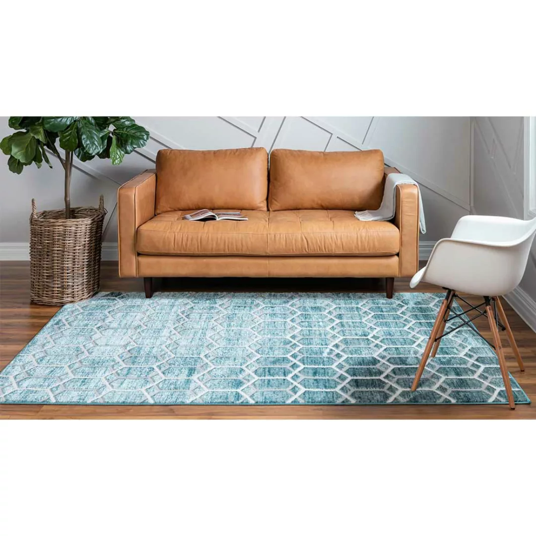 Rechteckiger Teppich Blau mit geometrischem Muster Cremefarben günstig online kaufen