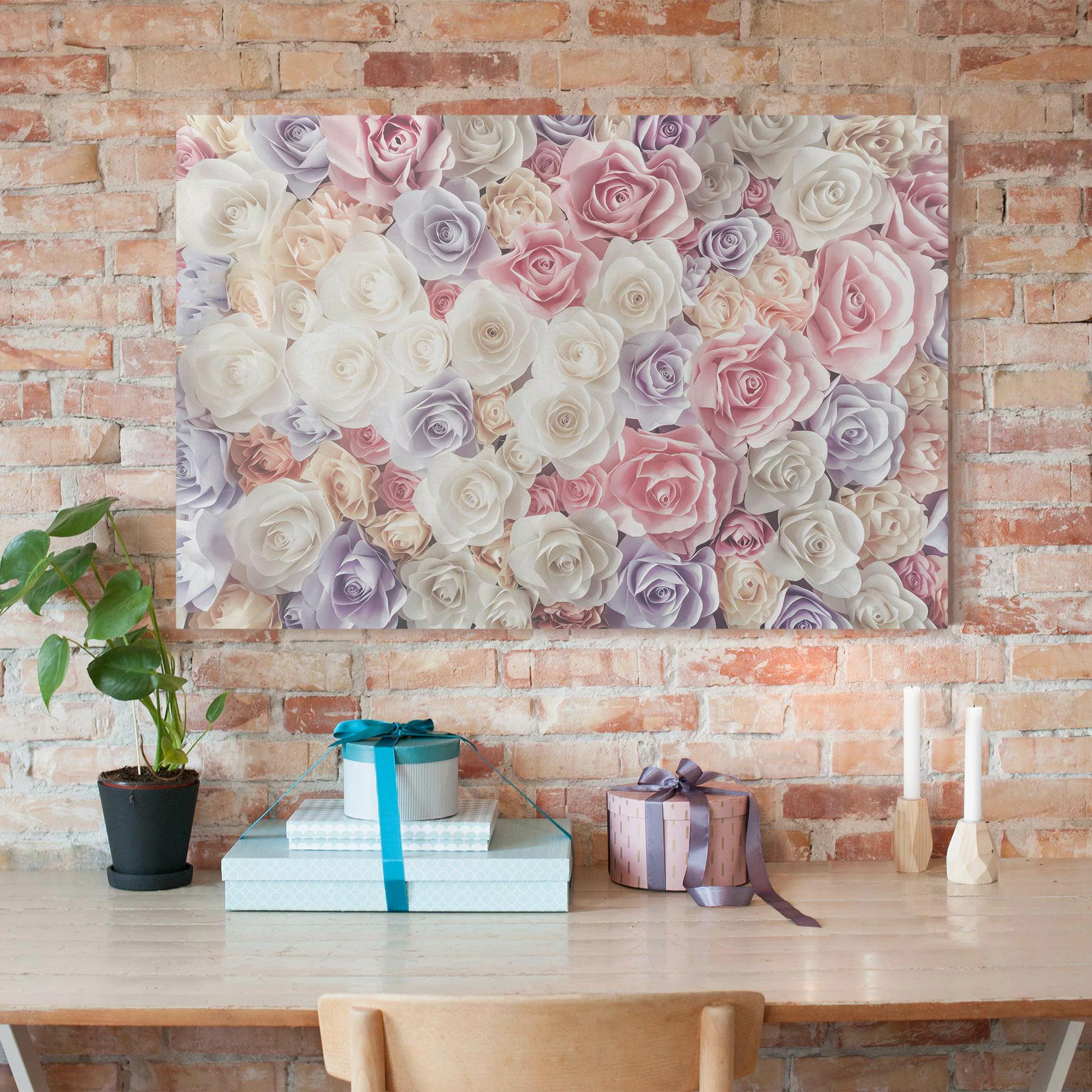 Leinwandbild Blumen - Querformat Pastell Paper Art Rosen günstig online kaufen