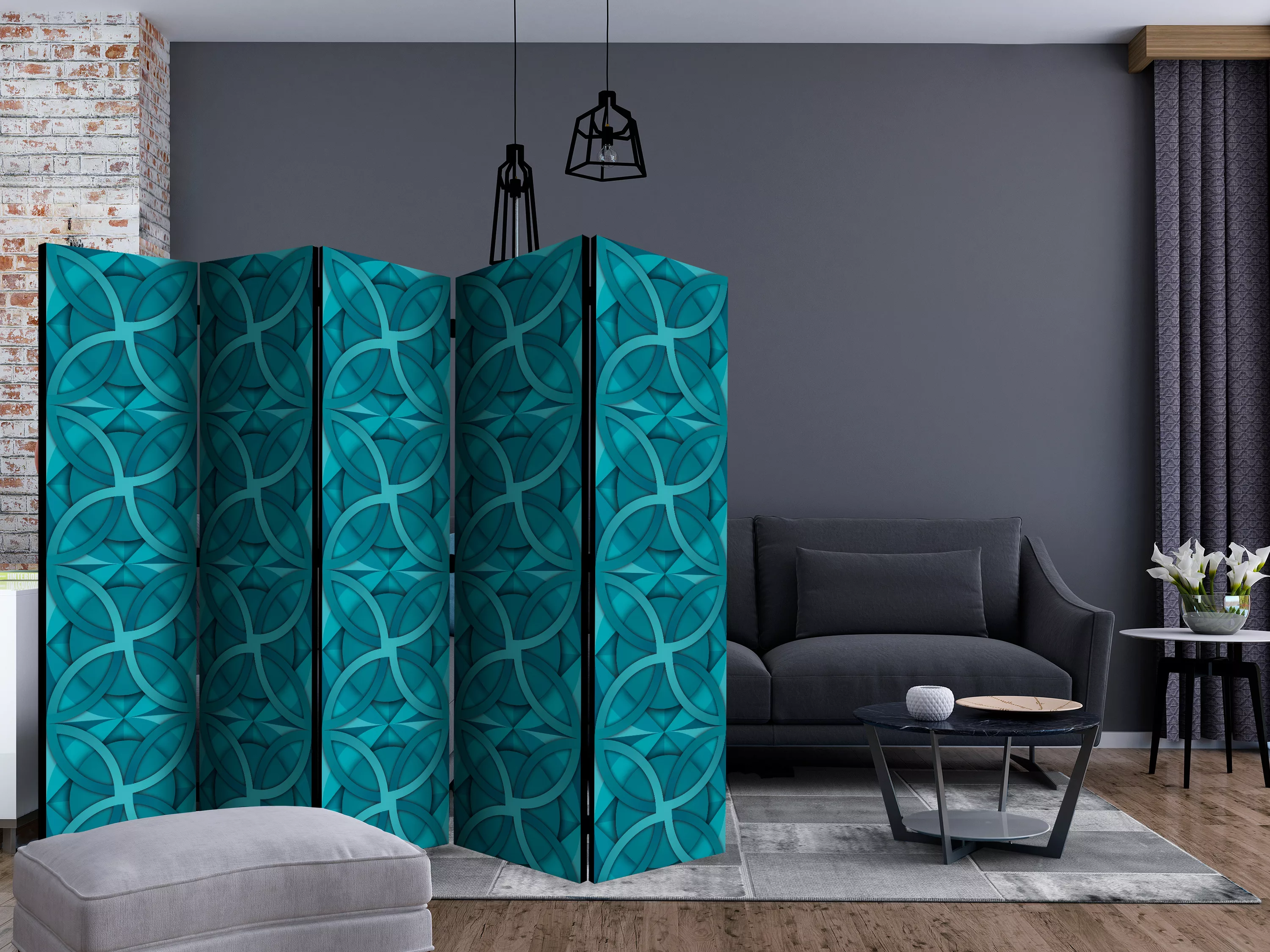 5-teiliges Paravent - Geometric Turquoise Ii [room Dividers] günstig online kaufen