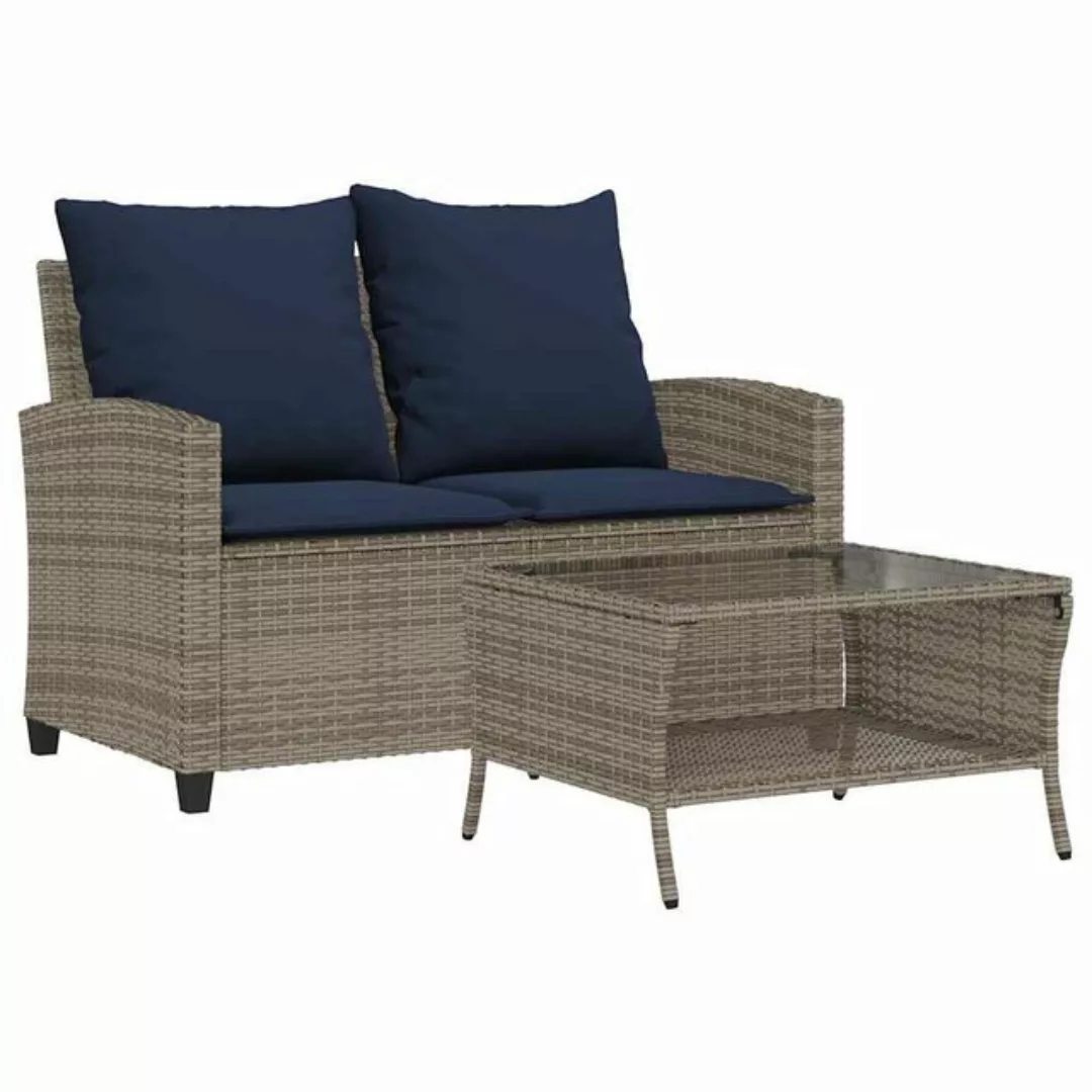 vidaXL Loungesofa Gartensofa 2-Sitzer mit Kissen & Tisch Grau Poly Rattan, günstig online kaufen