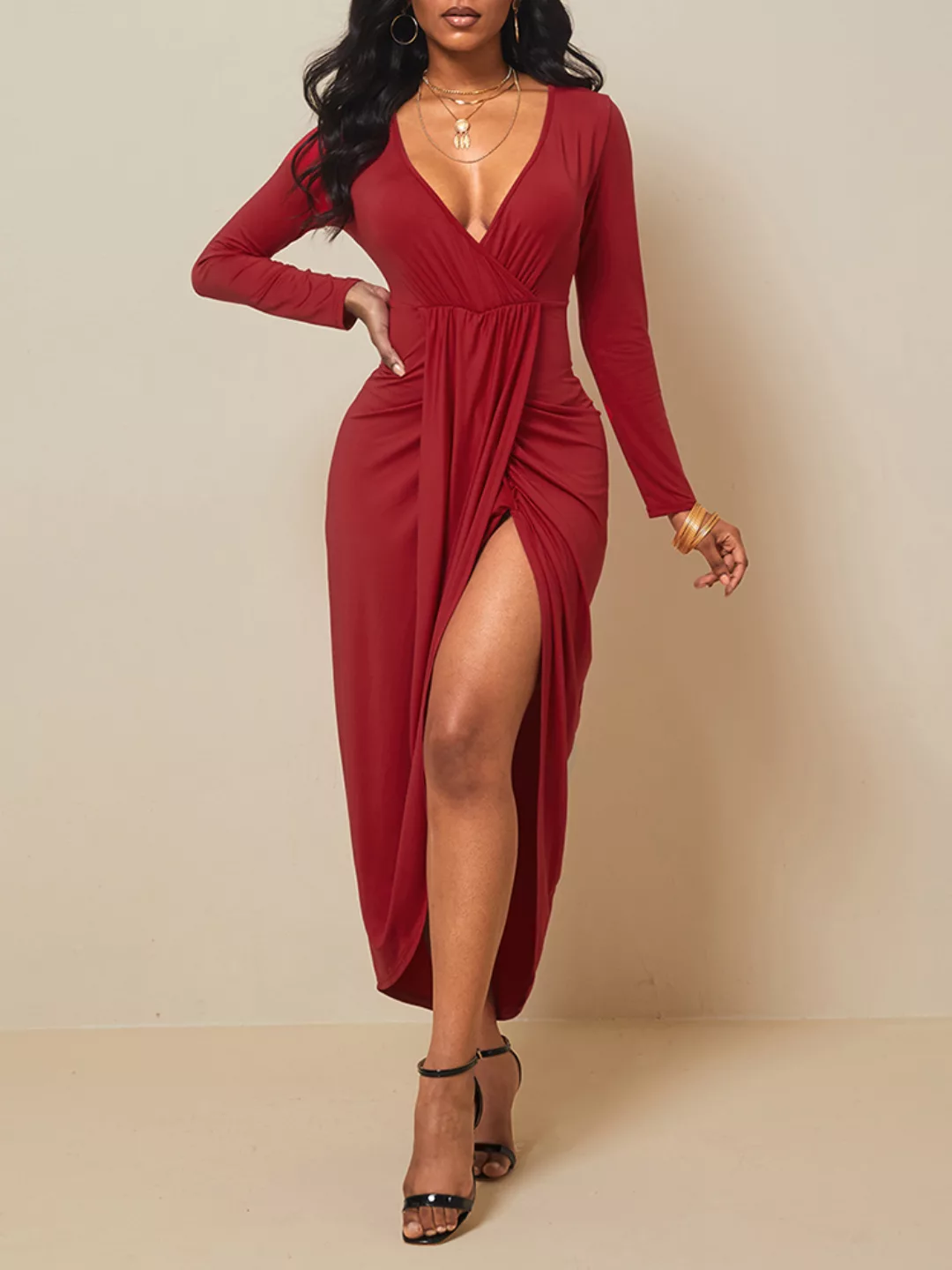 Einfarbiges Langarm-Patchwork mit V-Ausschnitt Asymmetrisch Kleid günstig online kaufen