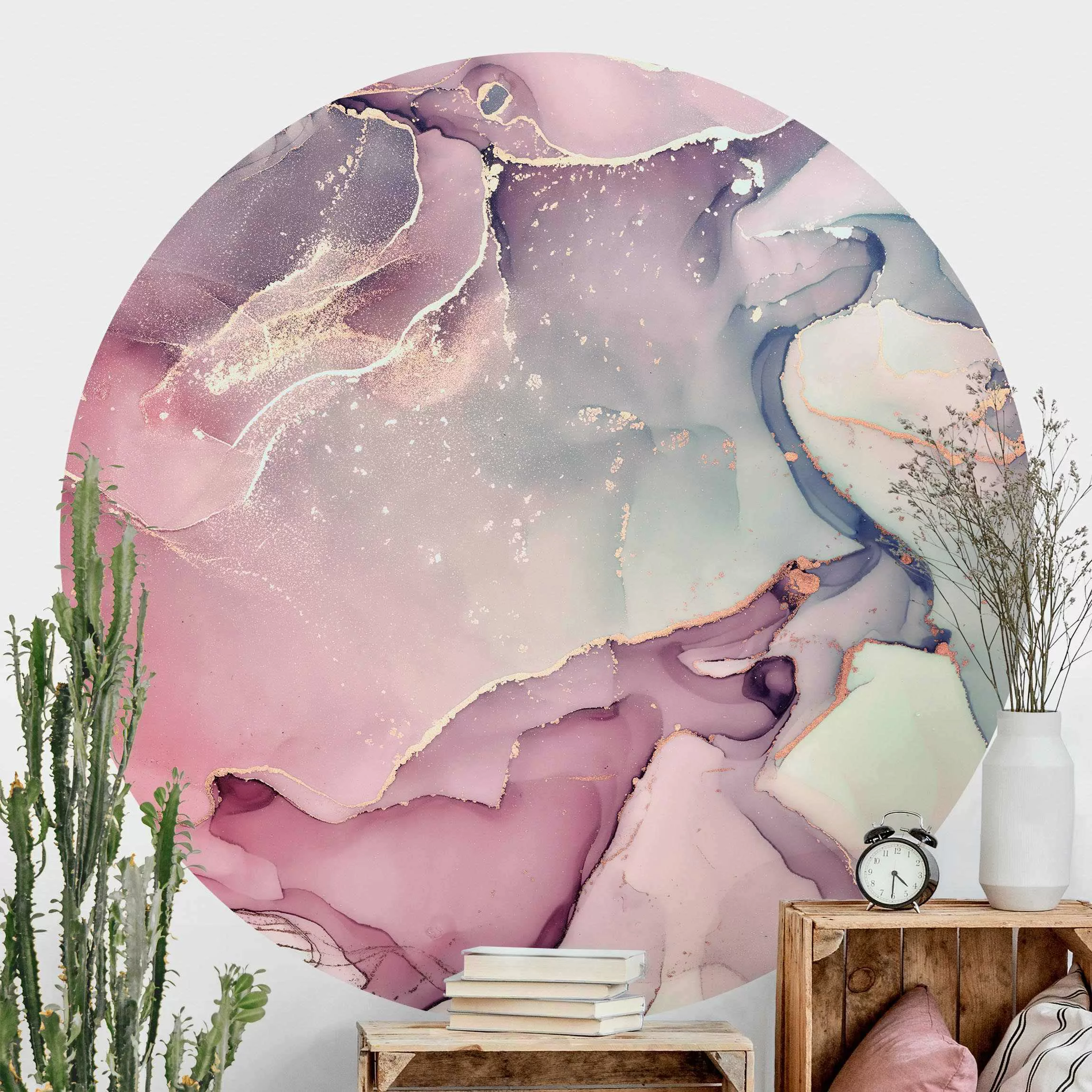 Runde Tapete selbstklebend Aquarell Pastell Rosa mit Gold günstig online kaufen