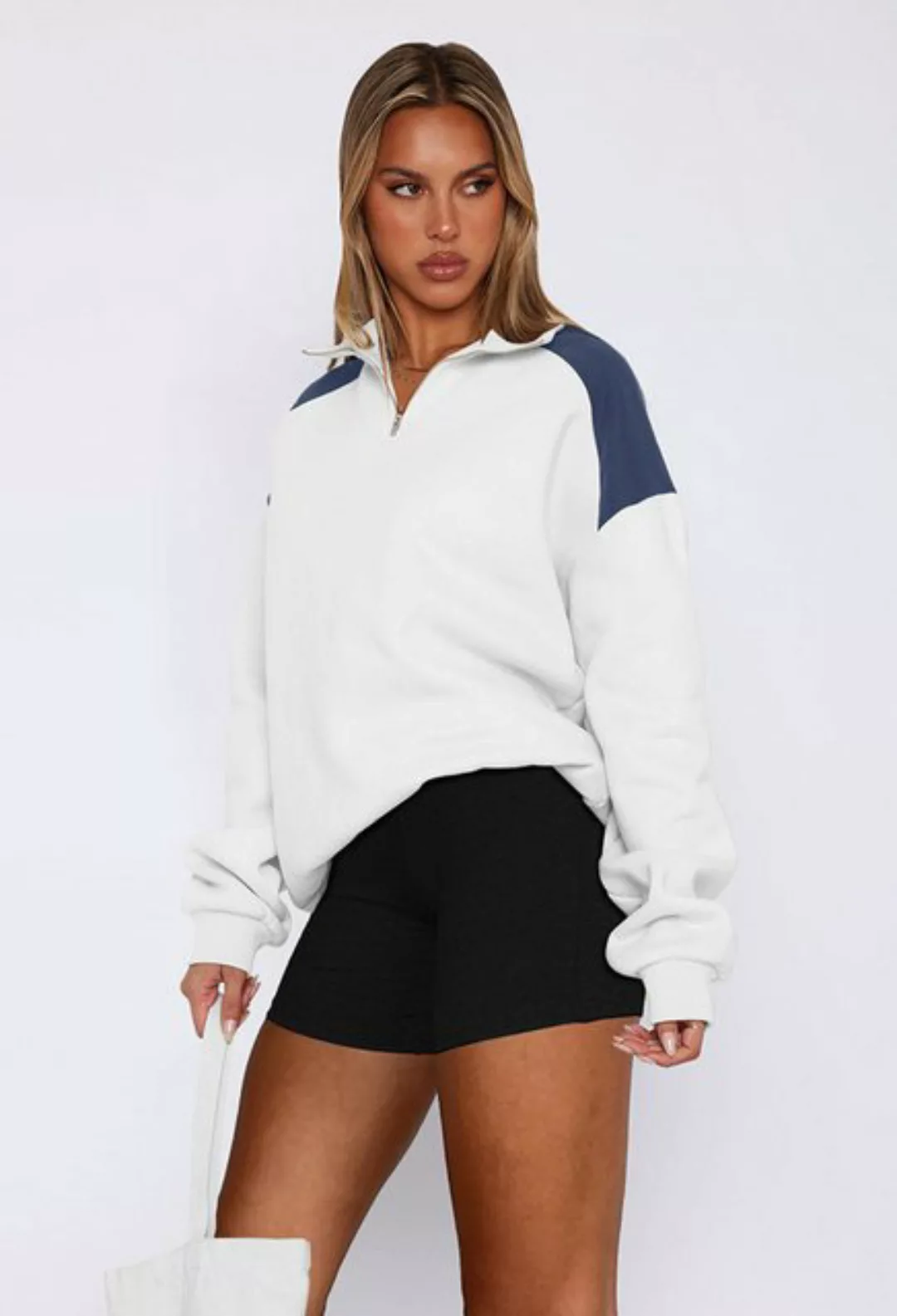 CHENIN Langarmhemd Damen Colour Block Zip Revers Baseball Jersey Sweatshirt günstig online kaufen