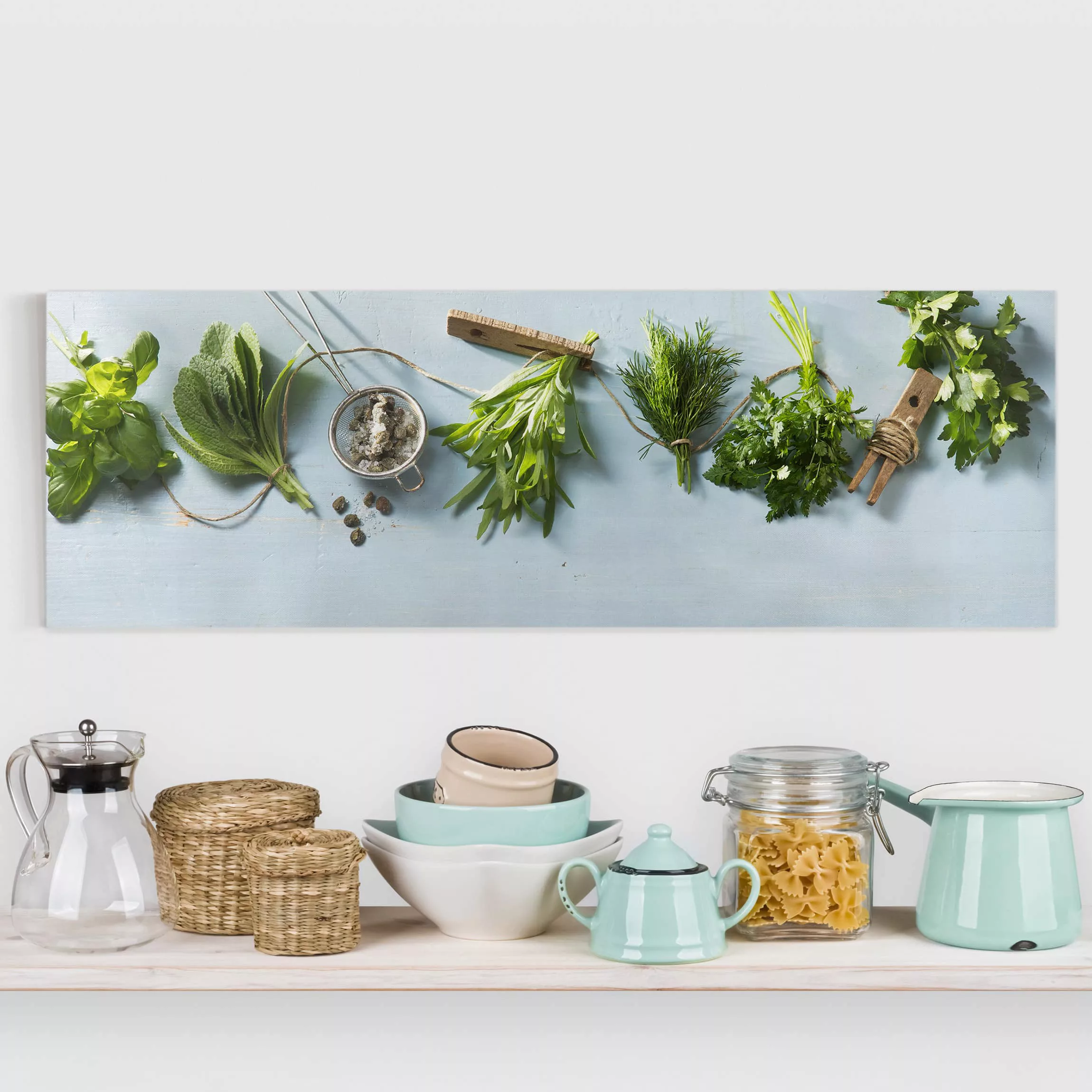 Leinwandbild Küche - Panorama Gebündelte Kräuter günstig online kaufen