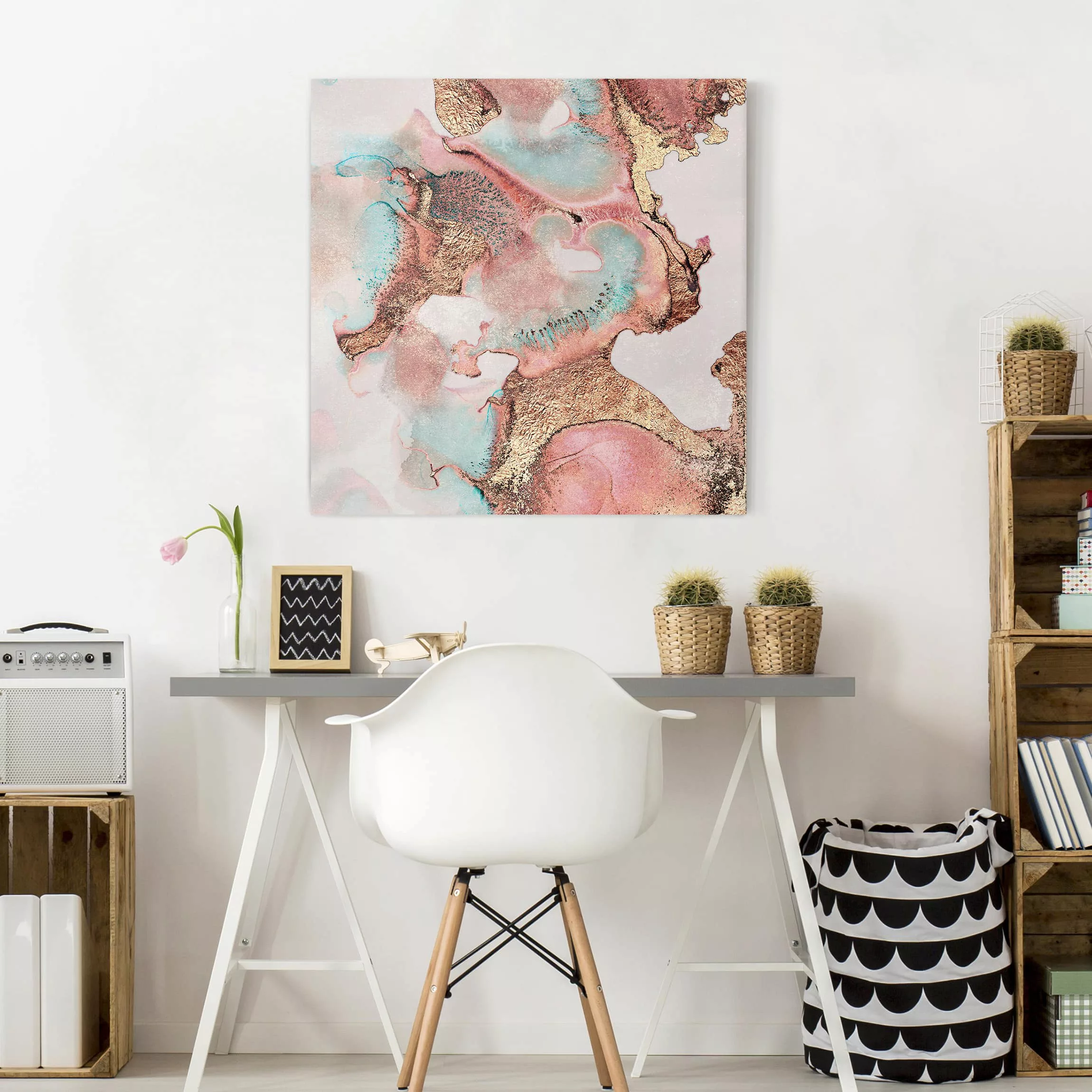 Leinwandbild Abstrakt - Quadrat Goldenes Aquarell Rosé günstig online kaufen