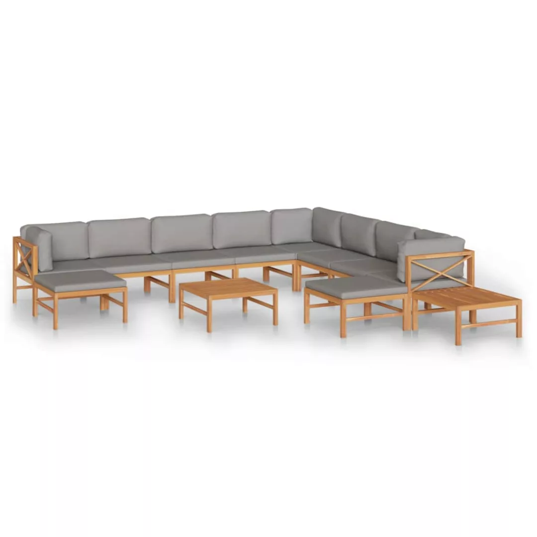 12-tlg. Garten-lounge-set Mit Grauen Kissen Massivholz Teak günstig online kaufen