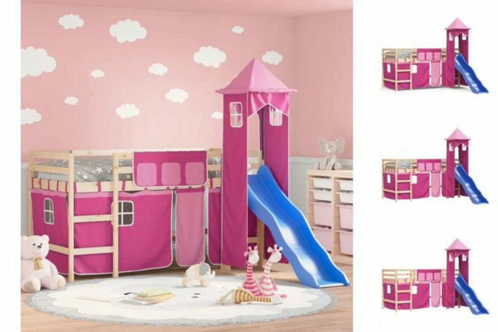 vidaXL Kinderbett Kinderhochbett mit Turm Rosa 90x190 cm Massivholz Kiefer günstig online kaufen