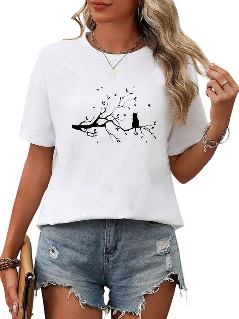 PYL Rundhalsshirt Damen Casual Kurzarmshirt mit Katze auf dem Baum Druck günstig online kaufen