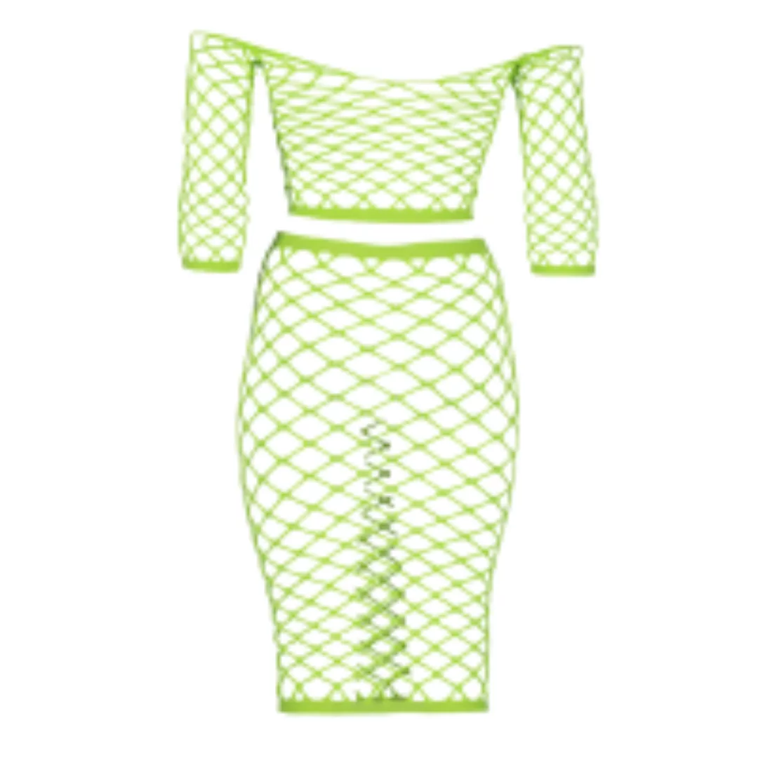 Long Sleeve Crop Top and Long Skirt - Plus Size - Neon Green günstig online kaufen