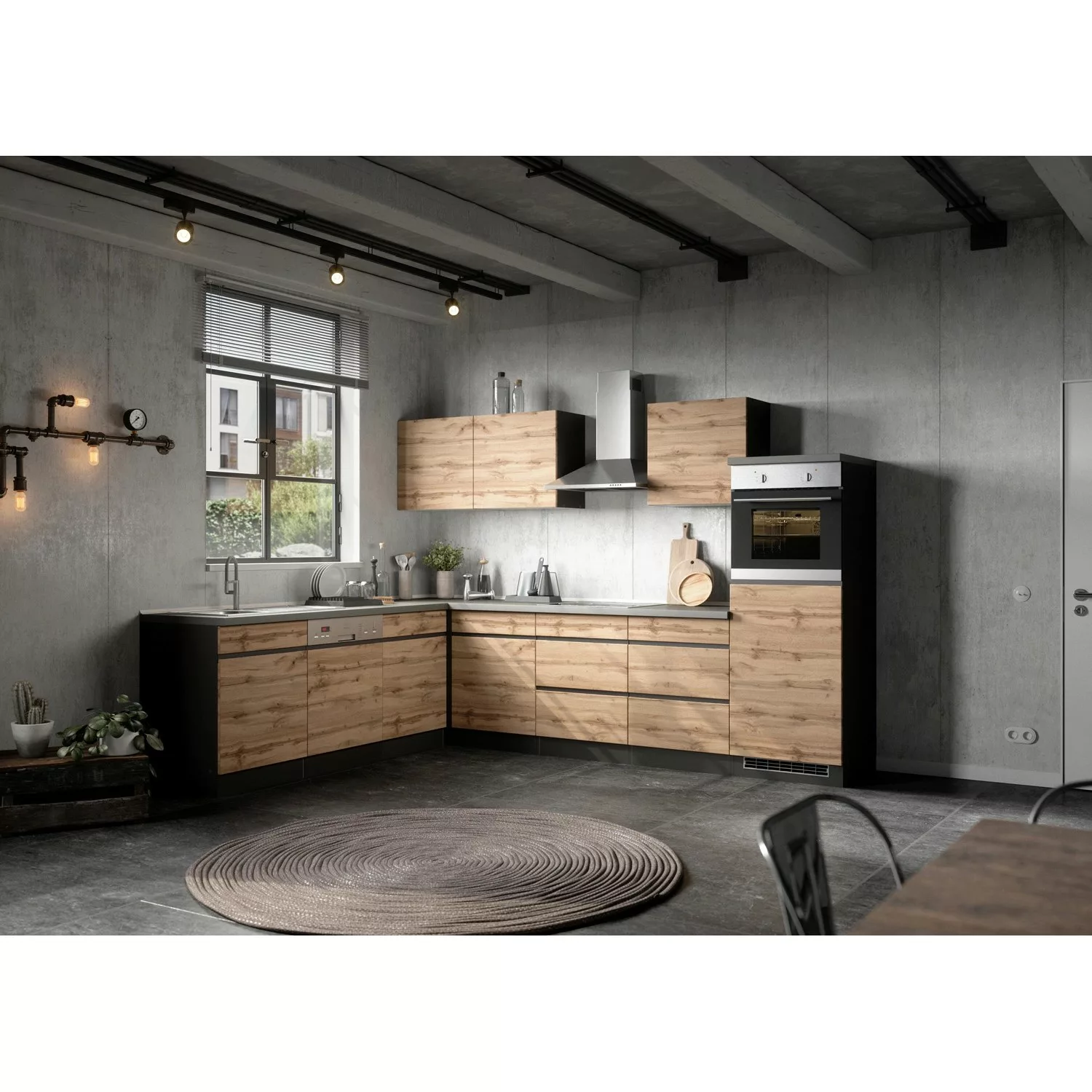 Held Möbel Winkelküche Turin 300 x 240 cm Wotaneiche-Graphit ohne E-Geräte günstig online kaufen