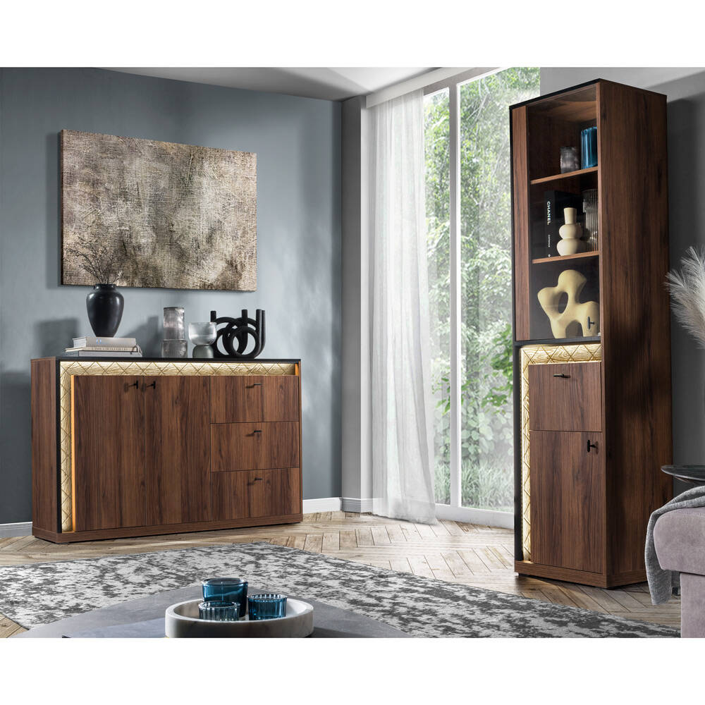Wohnzimmer Schrank Set Walnuss braun SAVA-161 modern 2-teilig mit LED Beleu günstig online kaufen