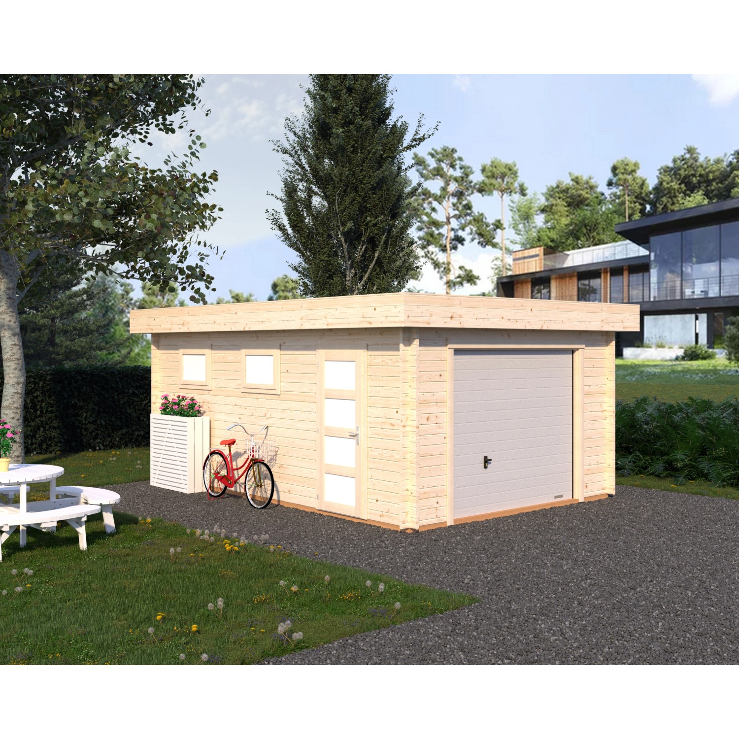 Palmako Garage Rasmus m. Sektionaltor 360 x 550 cm Lackiert Grau-Weiß FSC® günstig online kaufen