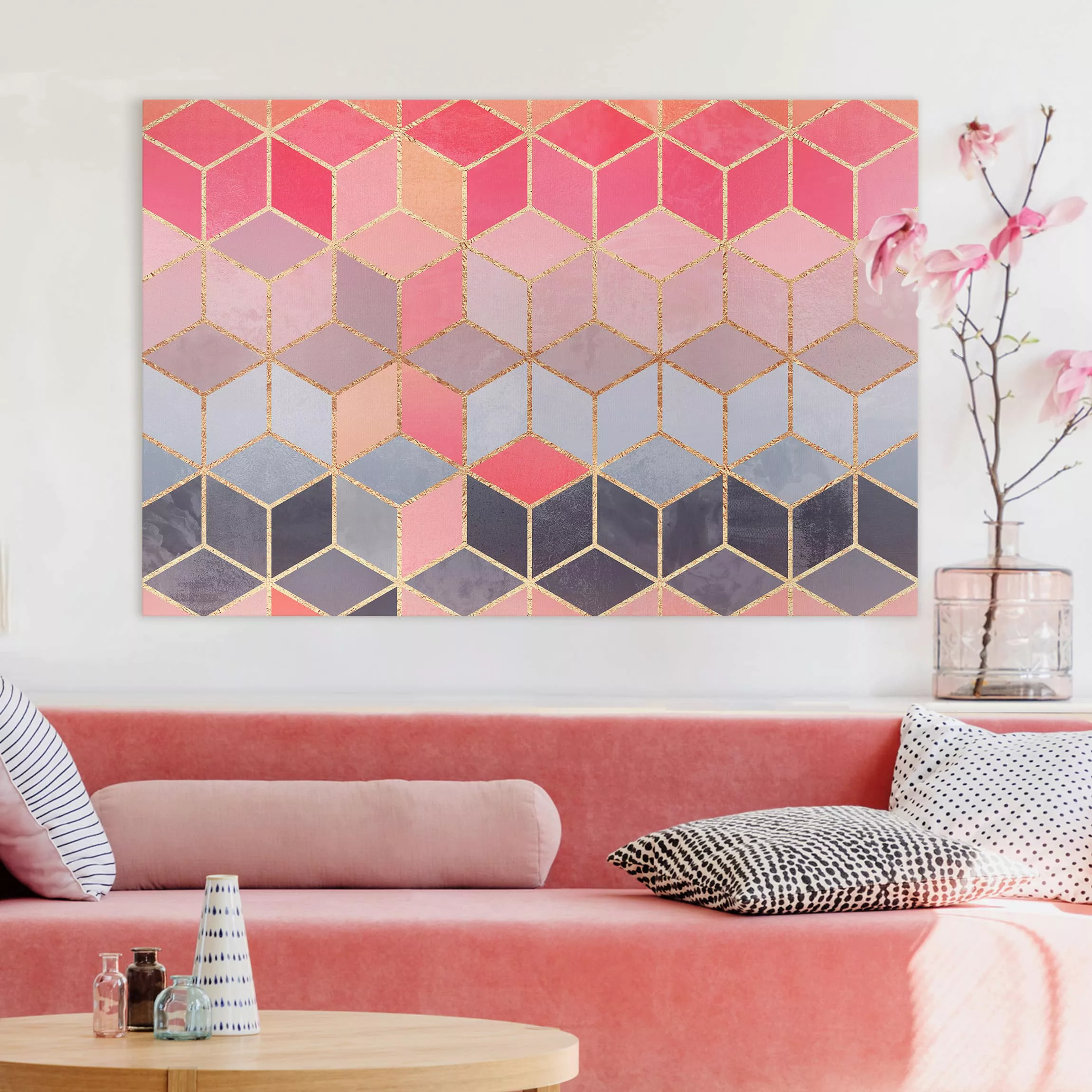 Leinwandbild Abstrakt - Querformat Buntes Pastell goldene Geometrie günstig online kaufen