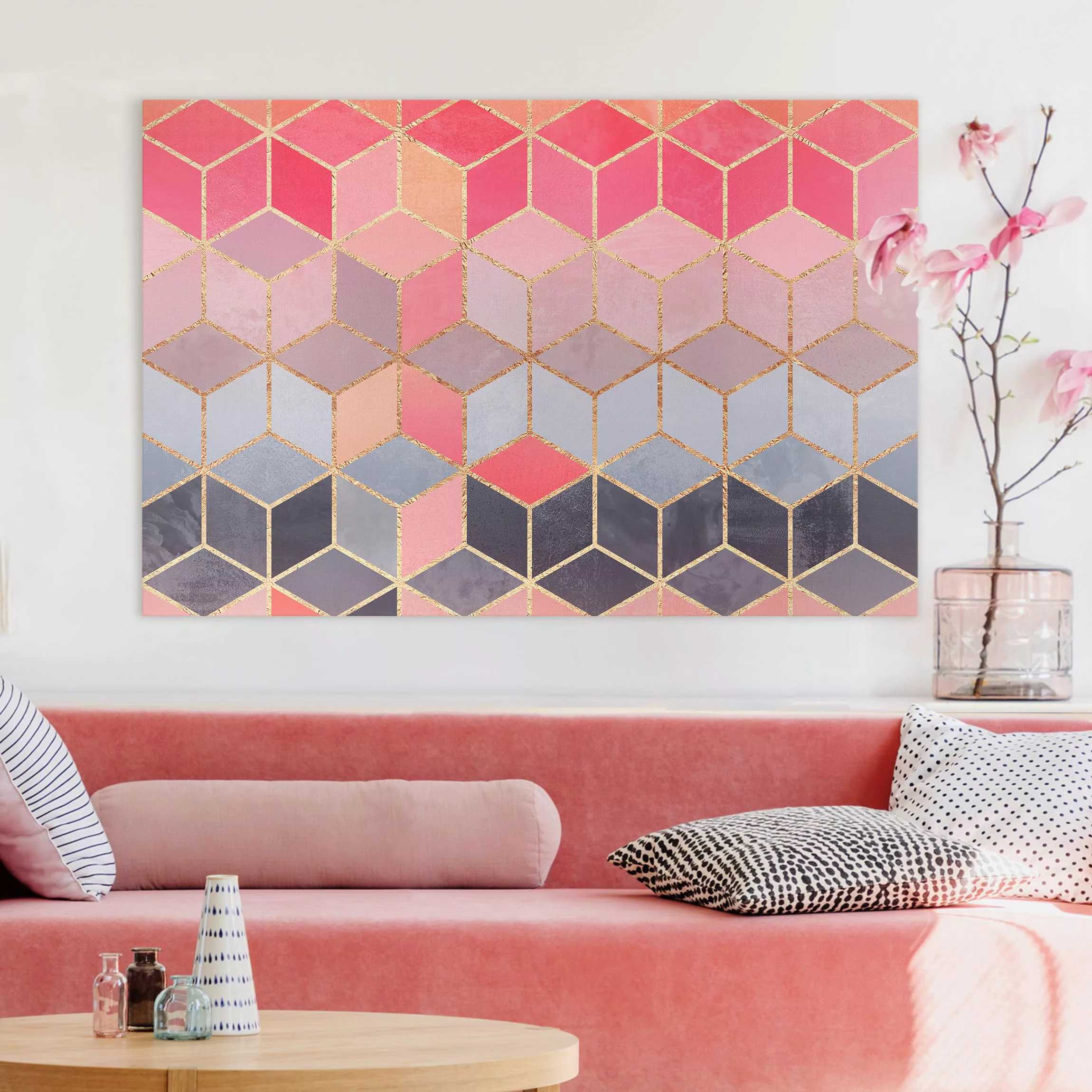 Leinwandbild - Querformat Buntes Pastell goldene Geometrie günstig online kaufen