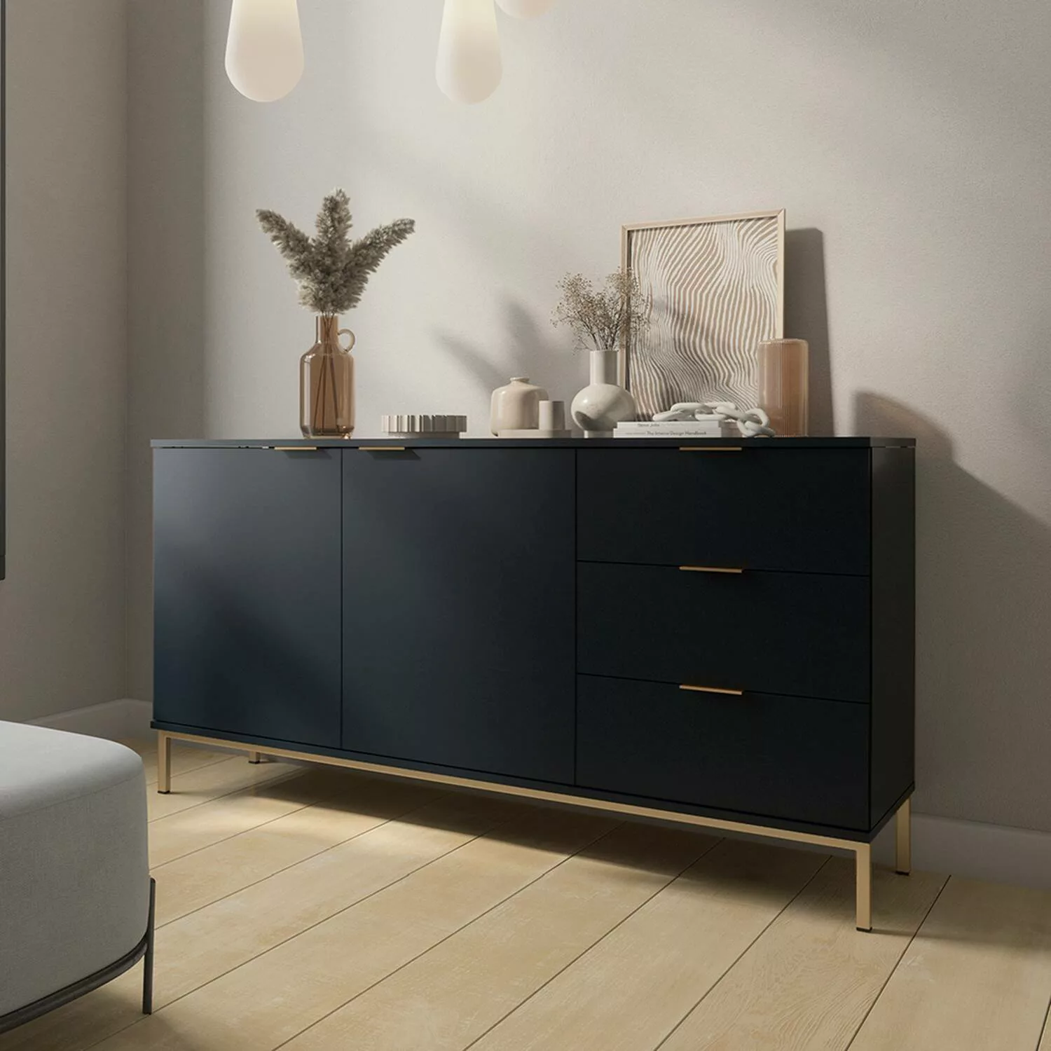 Sideboard in Marineblau mit 3 Schubladen PERIA-132, Industrial Design, mit günstig online kaufen