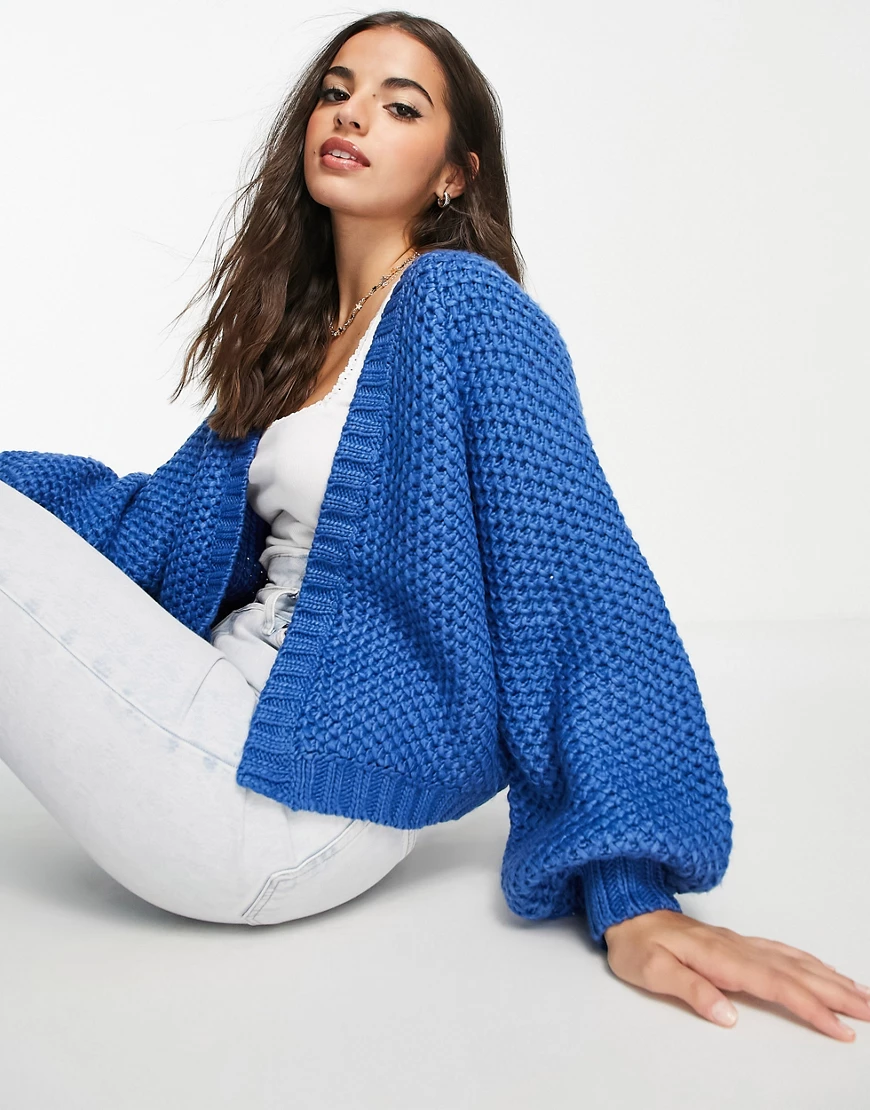 ASOS DESIGN – Grobe Strickjacke in Blau mit Waffelstich, Kombiteil günstig online kaufen