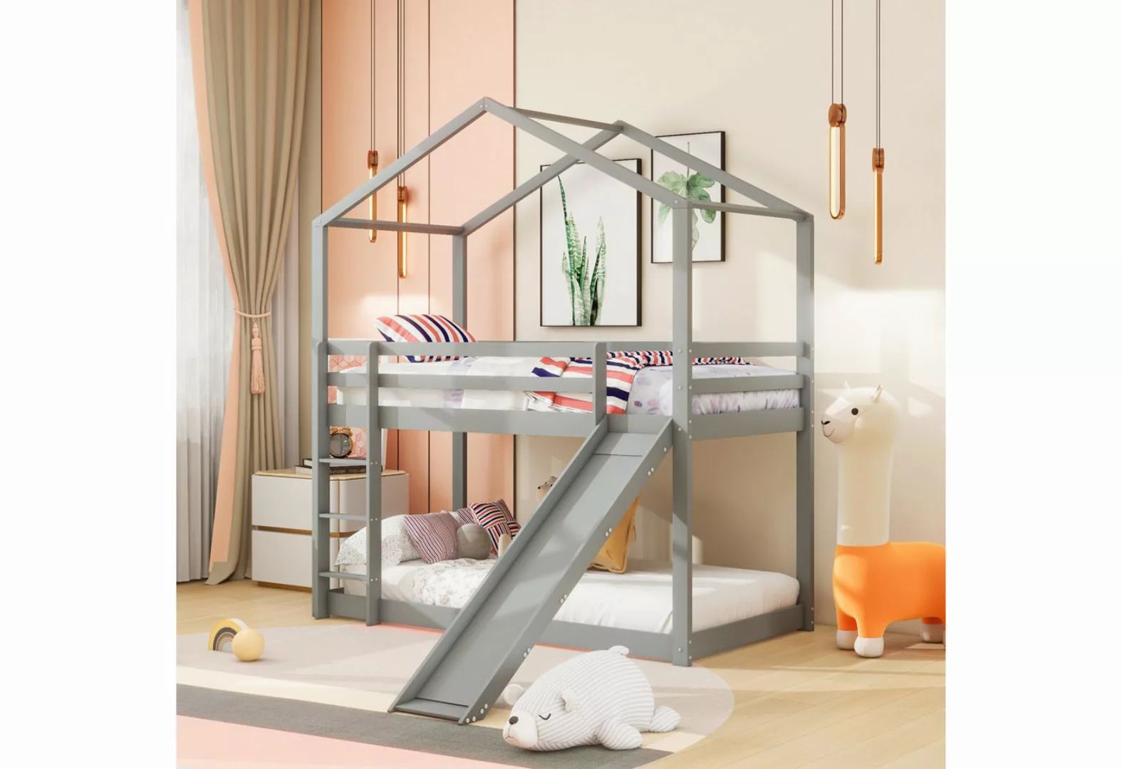 MODFU Etagenbett Holzbett Kinderbett Hausbett (mit Rutsche, Massivholz-Etag günstig online kaufen