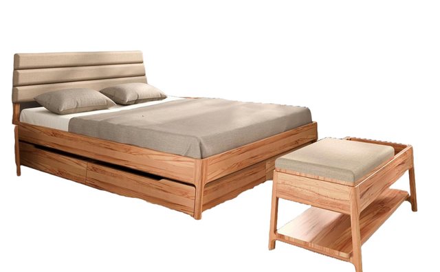 Natur24 Einzelbett Bett Swig 2 Kernbuche 160x200 mit Polsterkopfteil Beige günstig online kaufen