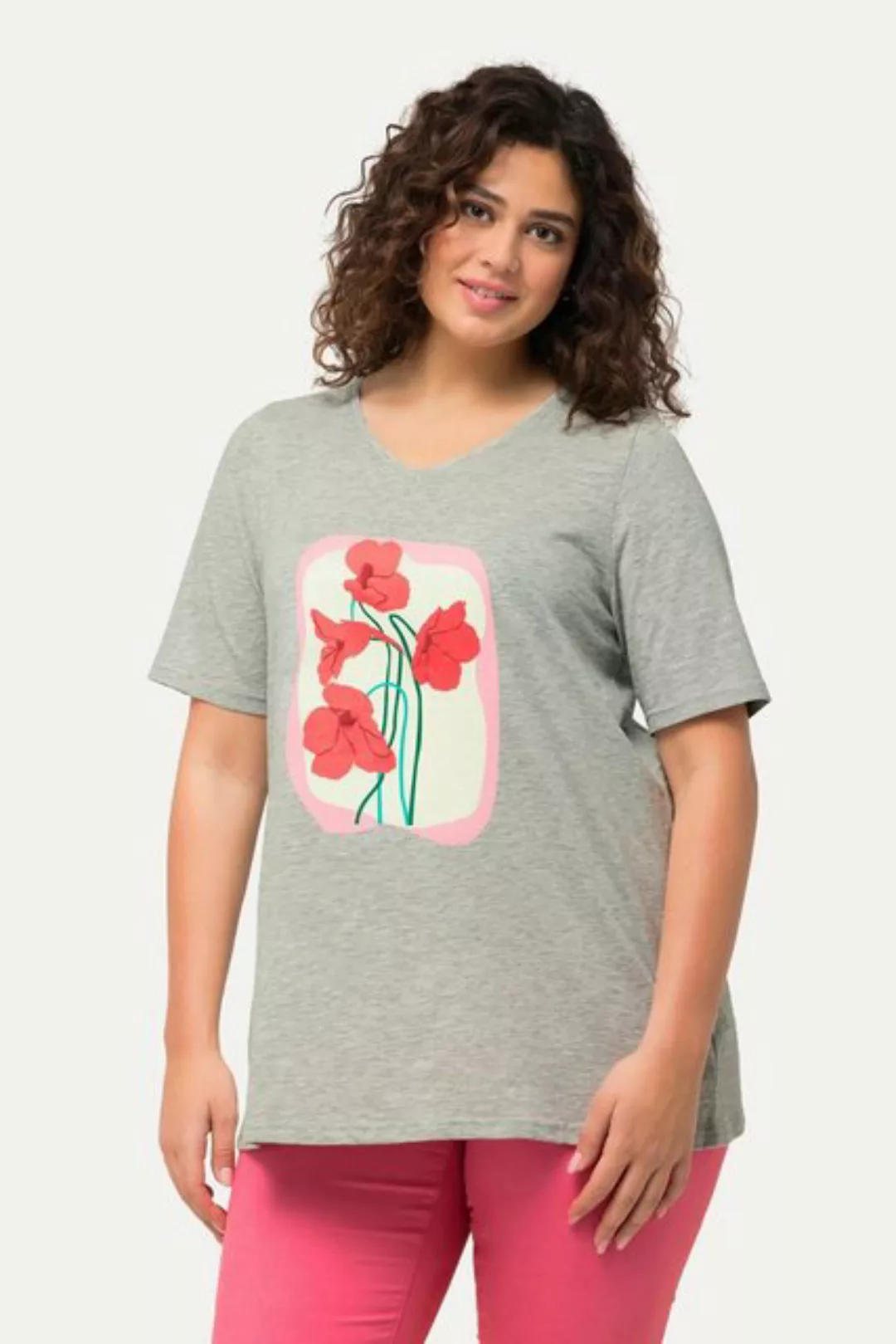 Ulla Popken Rundhalsshirt T-Shirt Blüte A-Linie V-Ausschnitt Halbarm günstig online kaufen