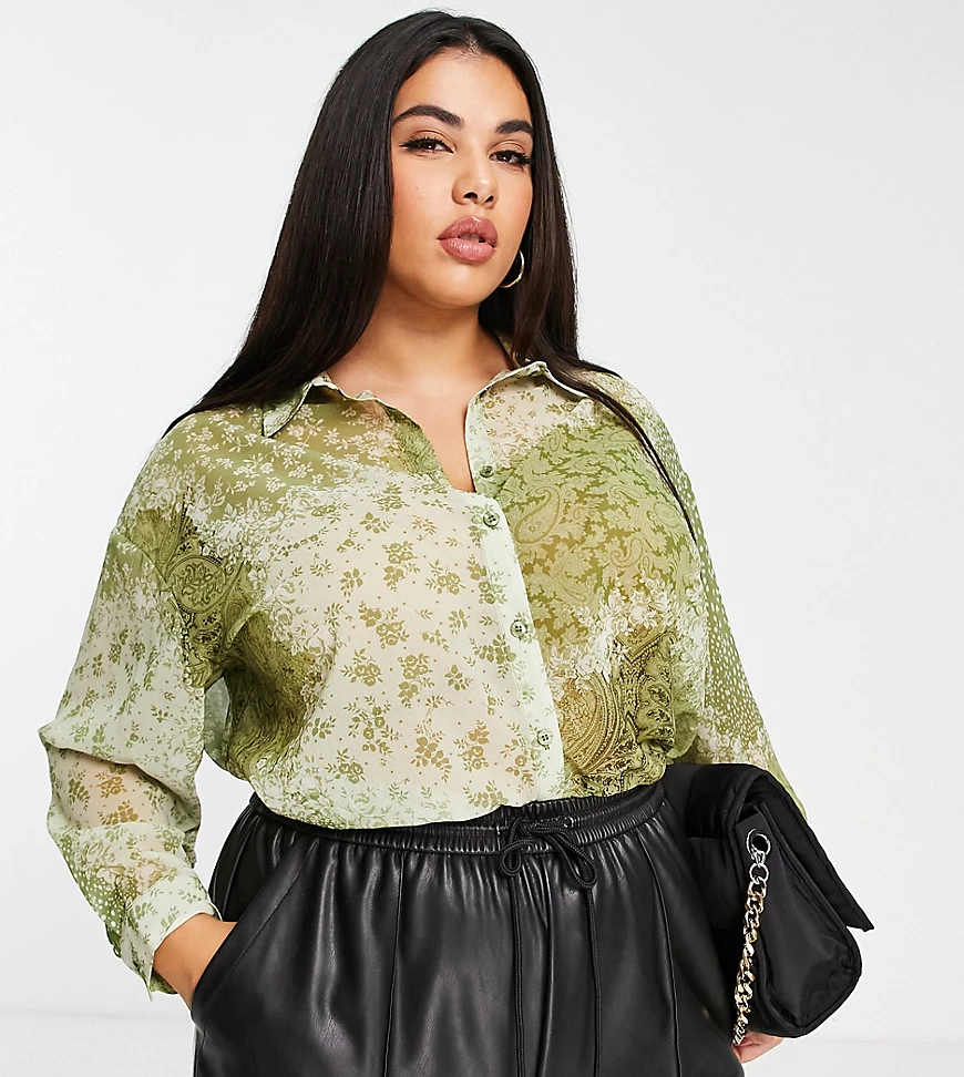 ASOS DESIGN Curve – Langärmliges Hemd mit Paisley-Blumenmuster-Mix in Grün- günstig online kaufen