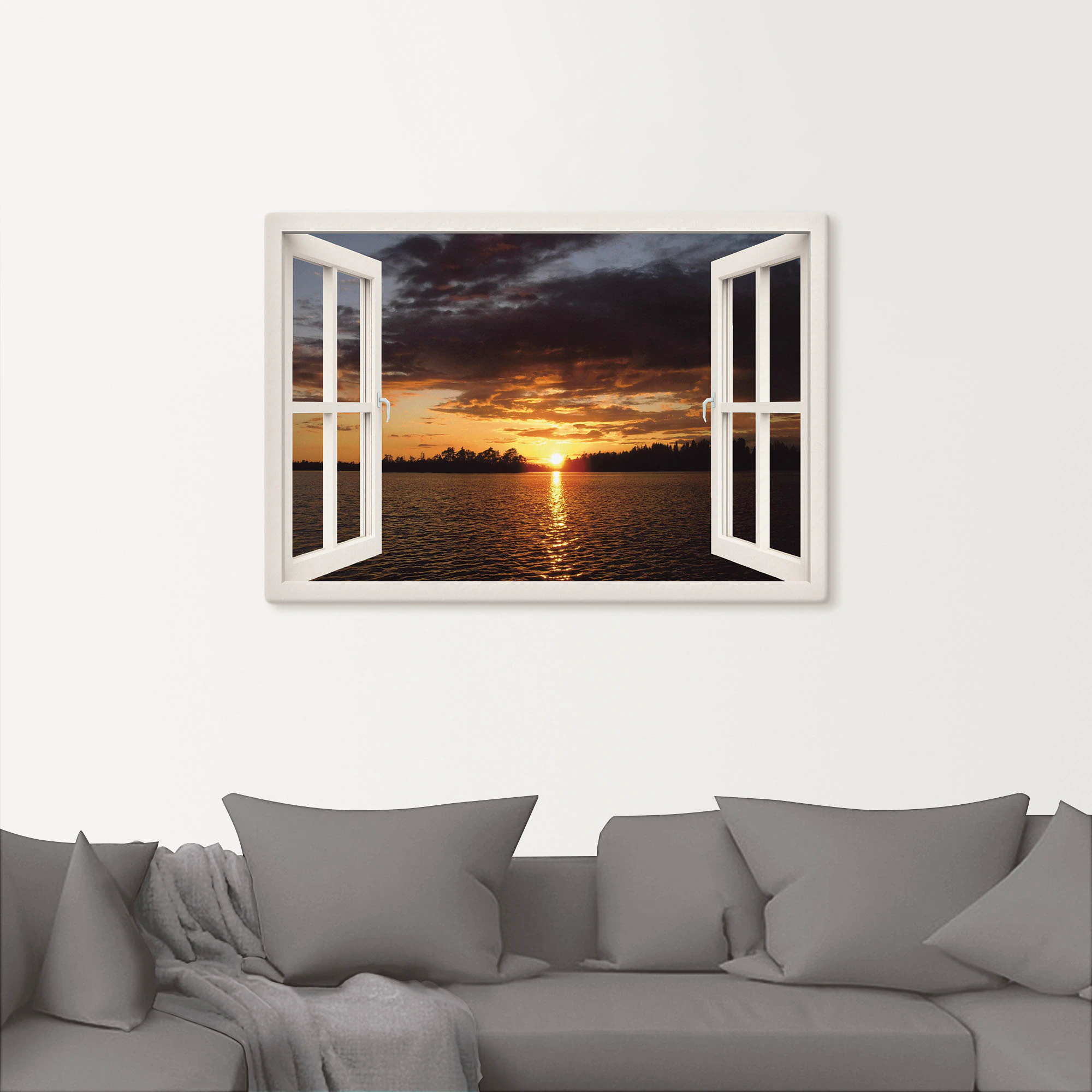Artland Leinwandbild »Sonnenuntergang am See, weißes Fenster«, Seebilder, ( günstig online kaufen