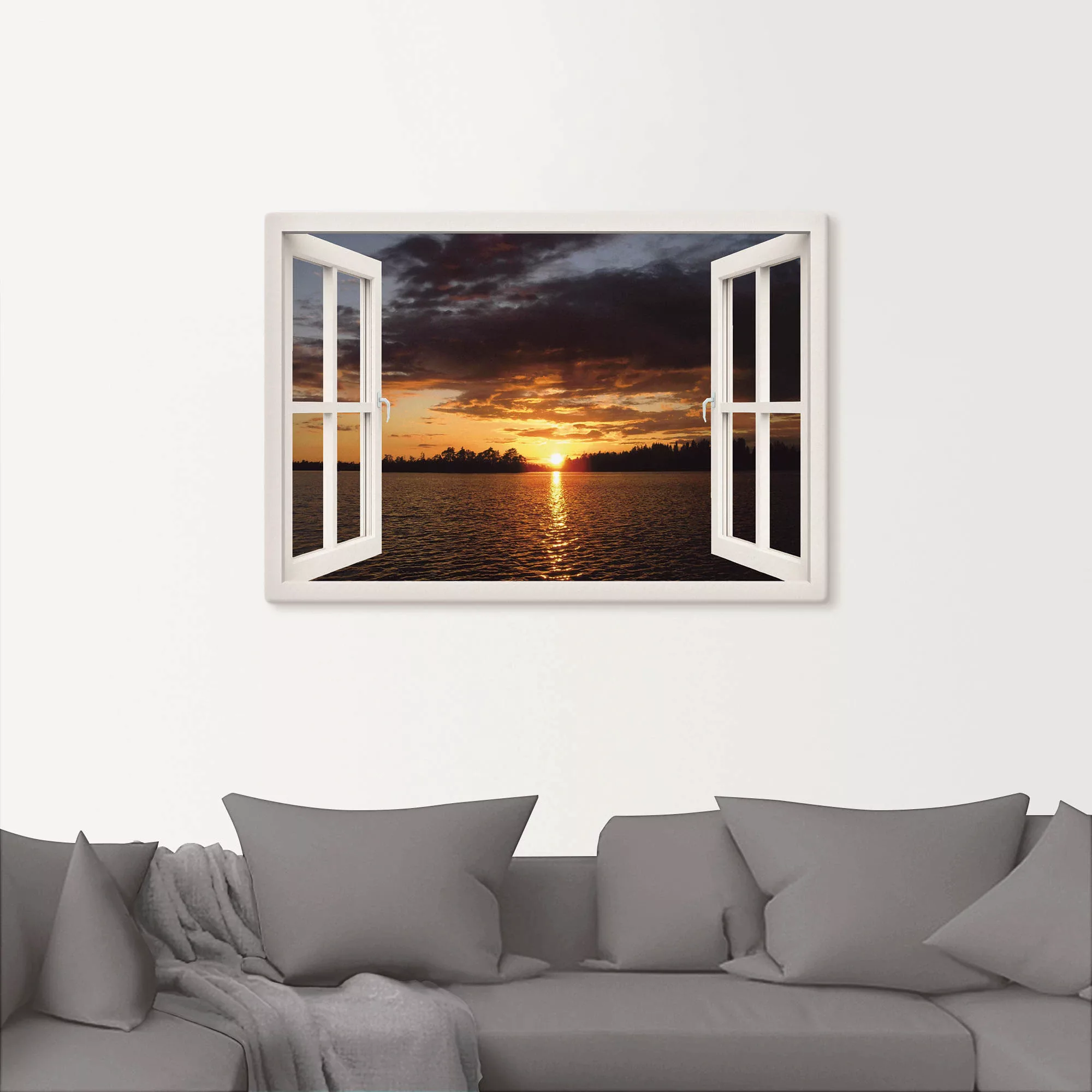 Artland Leinwandbild "Sonnenuntergang am See, weißes Fenster", Seebilder, ( günstig online kaufen