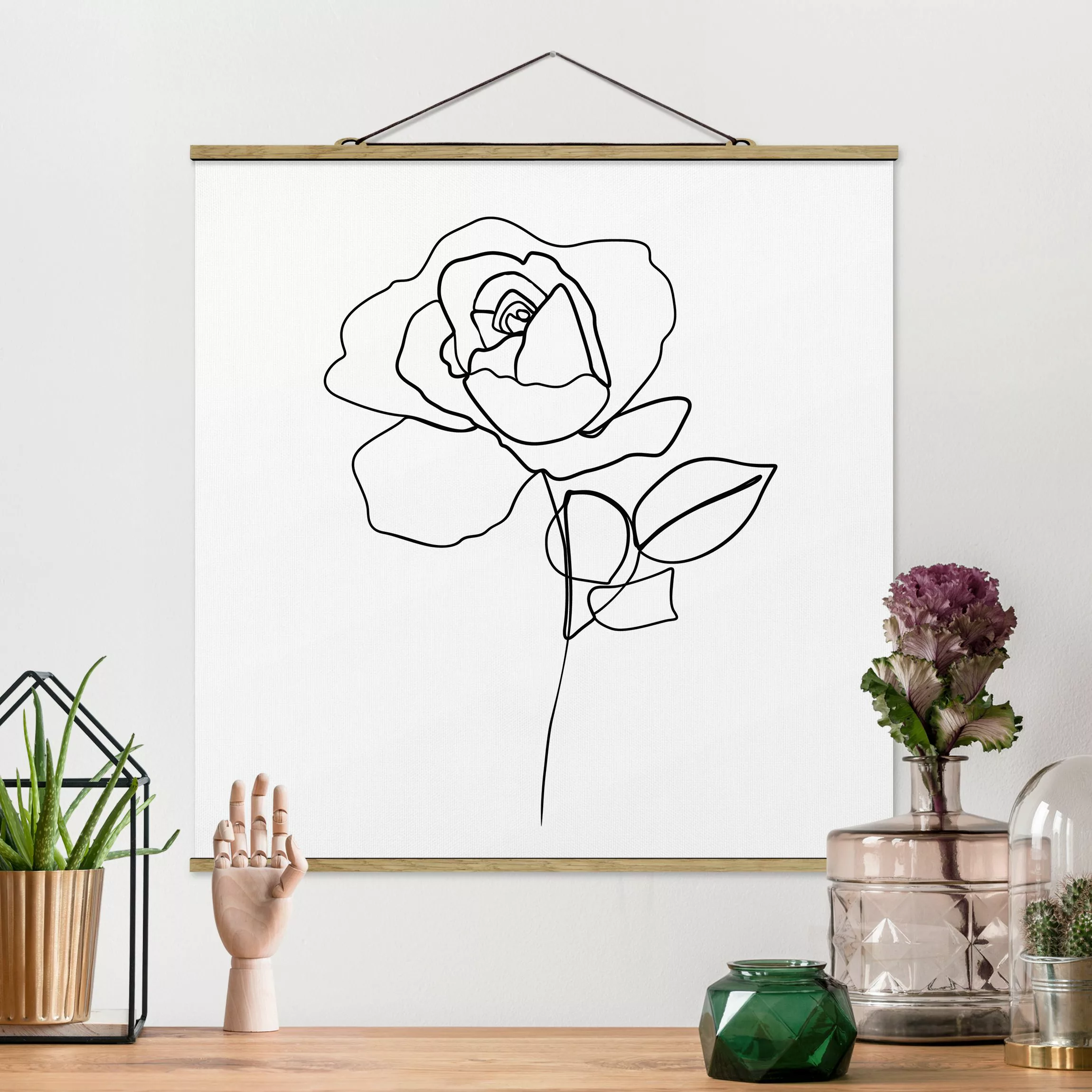 Stoffbild Abstrakt mit Posterleisten - Quadrat Line Art Rose Schwarz Weiß günstig online kaufen