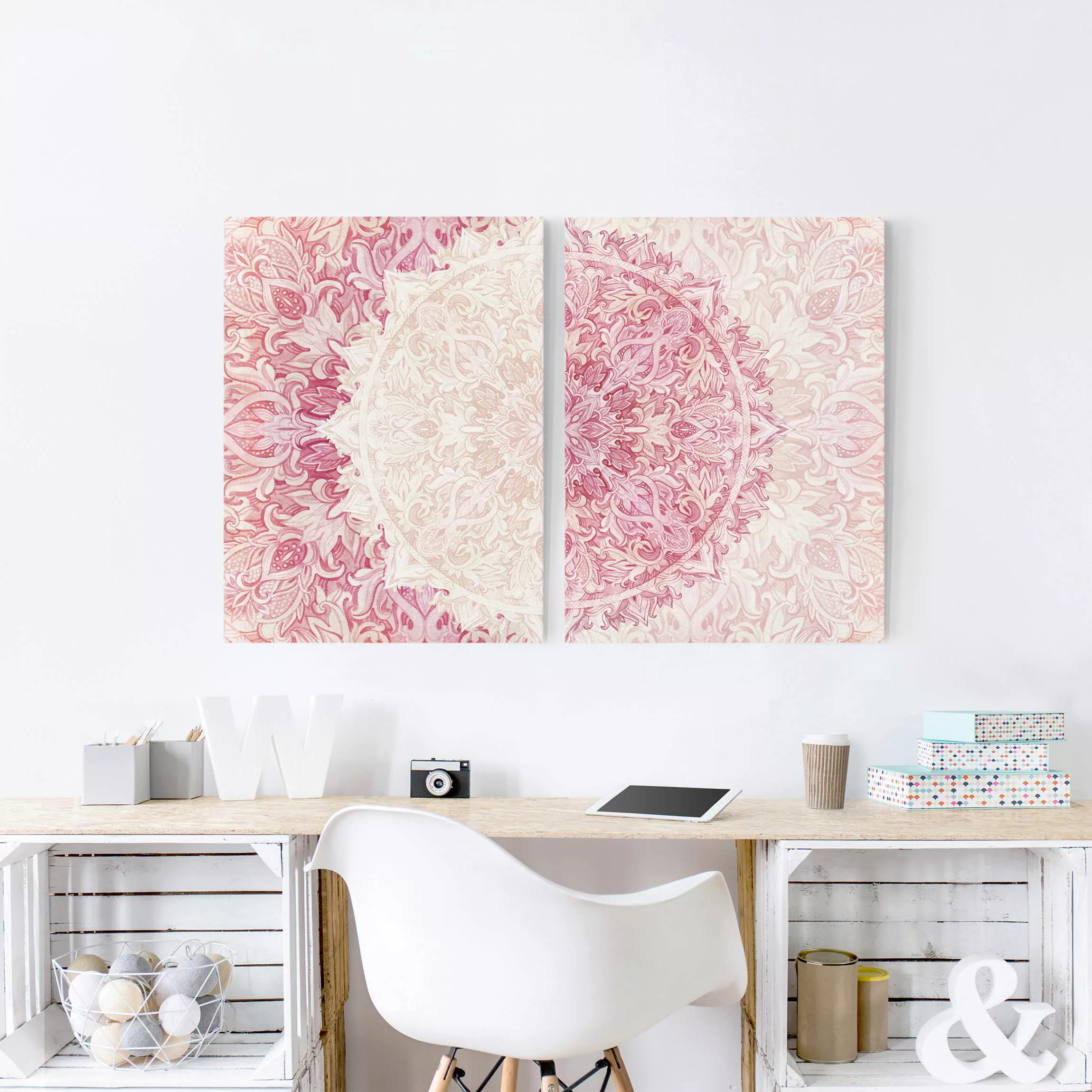 Leinwandbild Mandala Aquarell Ornament Set beige pink günstig online kaufen