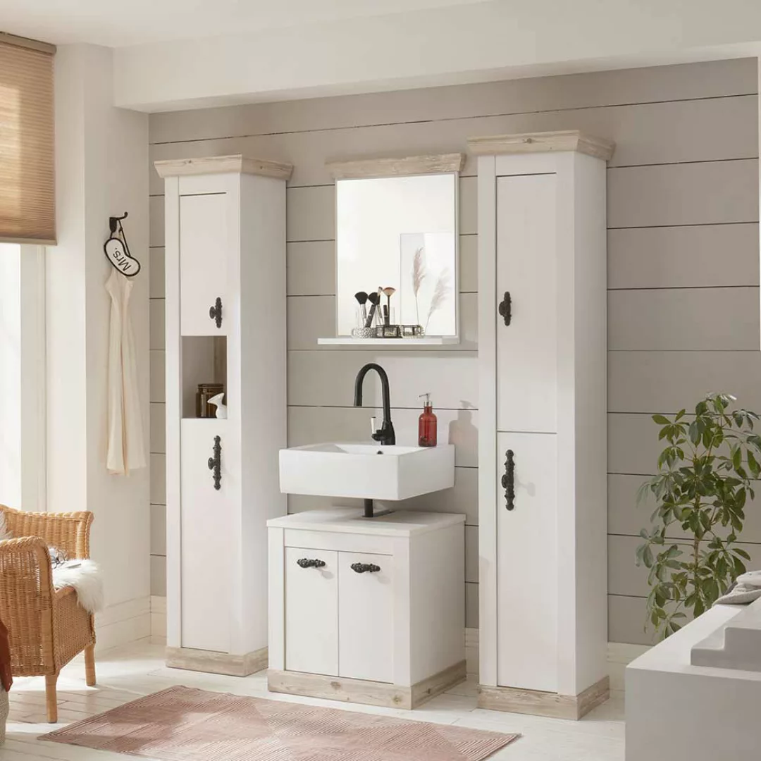Badezimmermöbel Set in Weiß und Pinienfarben Landhausstil (vierteilig) günstig online kaufen