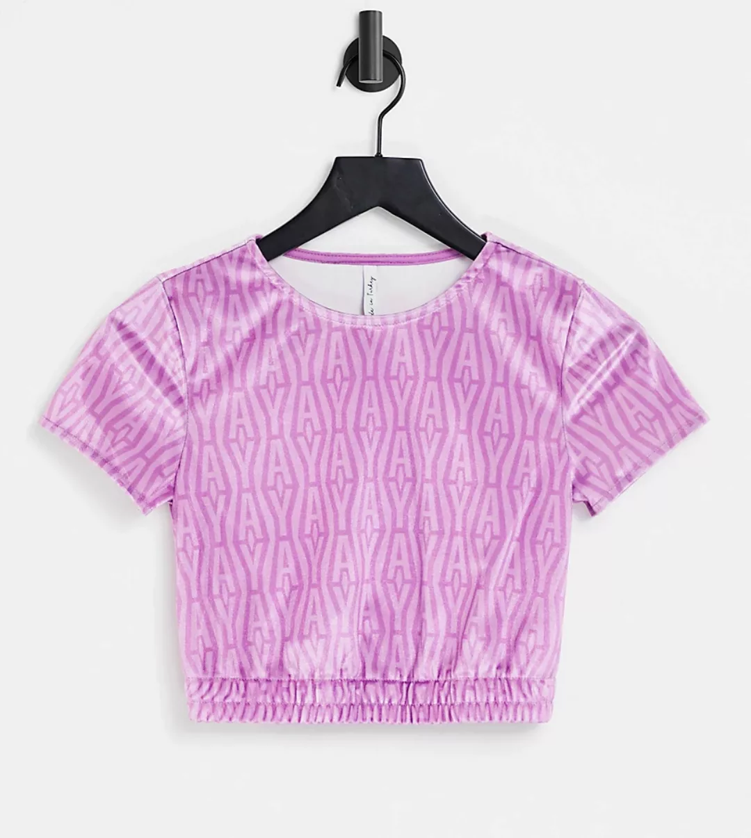ASYOU – Kurzes T-Shirt in Lila mit Monogramm aus Velours, Kombiteil günstig online kaufen