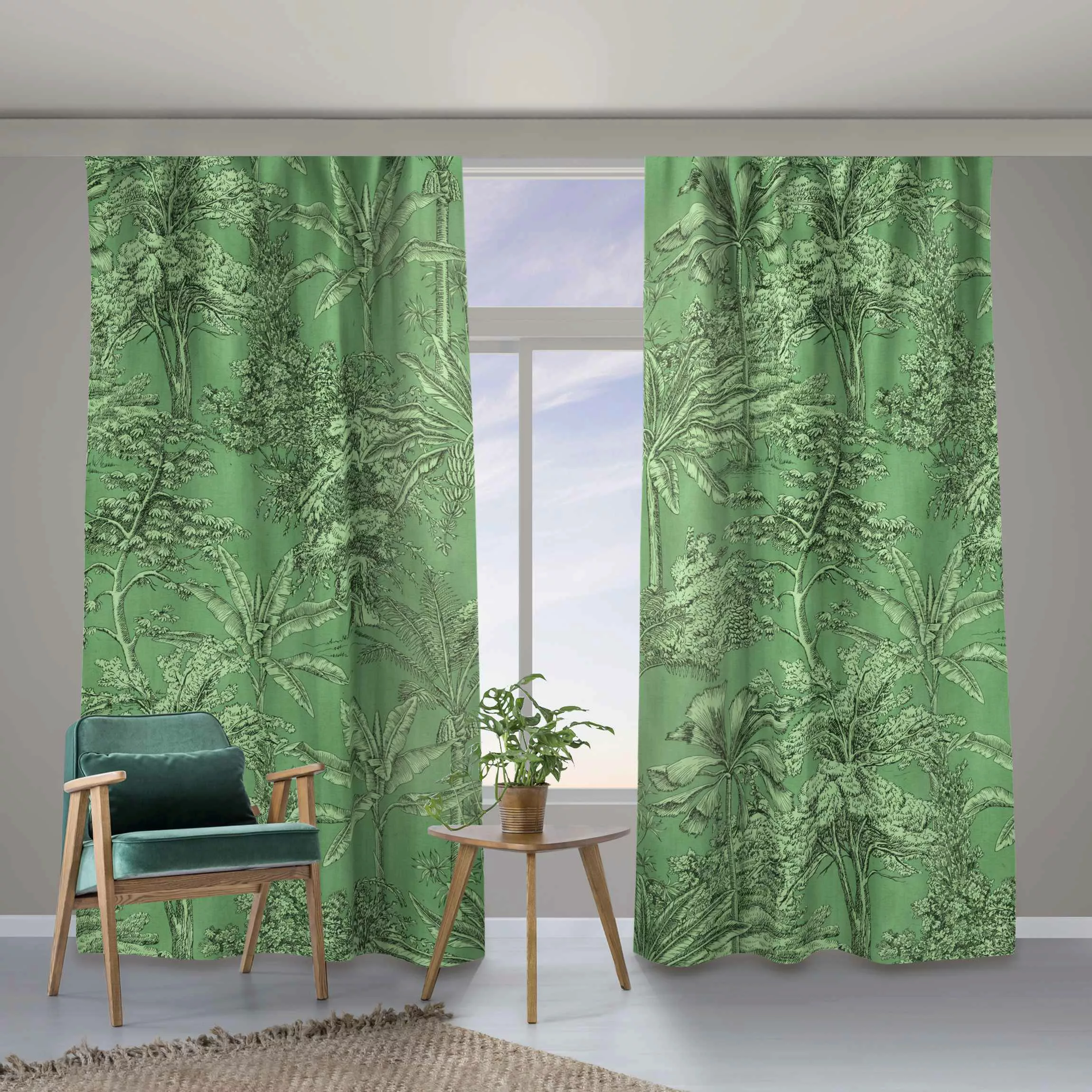 Vorhang Kupferstichanmutung - Tropische Palmen in Grün günstig online kaufen
