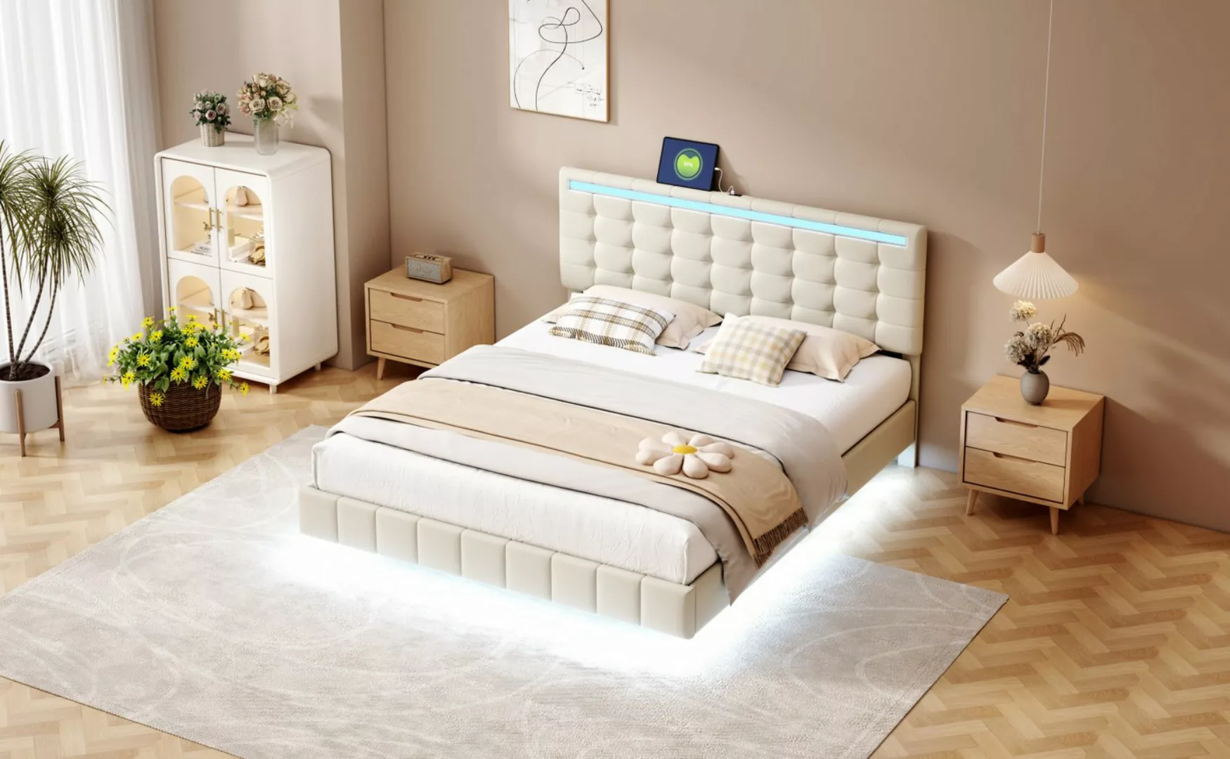 Romance Polsterbett Doppelbett Gästebett Schwebebett rahmen, mit LED-Licht, günstig online kaufen