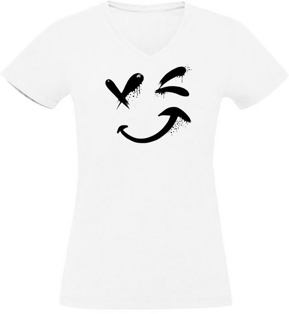 MyDesign24 T-Shirt Damen Smiley Print Shirt - Zwinkernder Smiley V-Ausschni günstig online kaufen