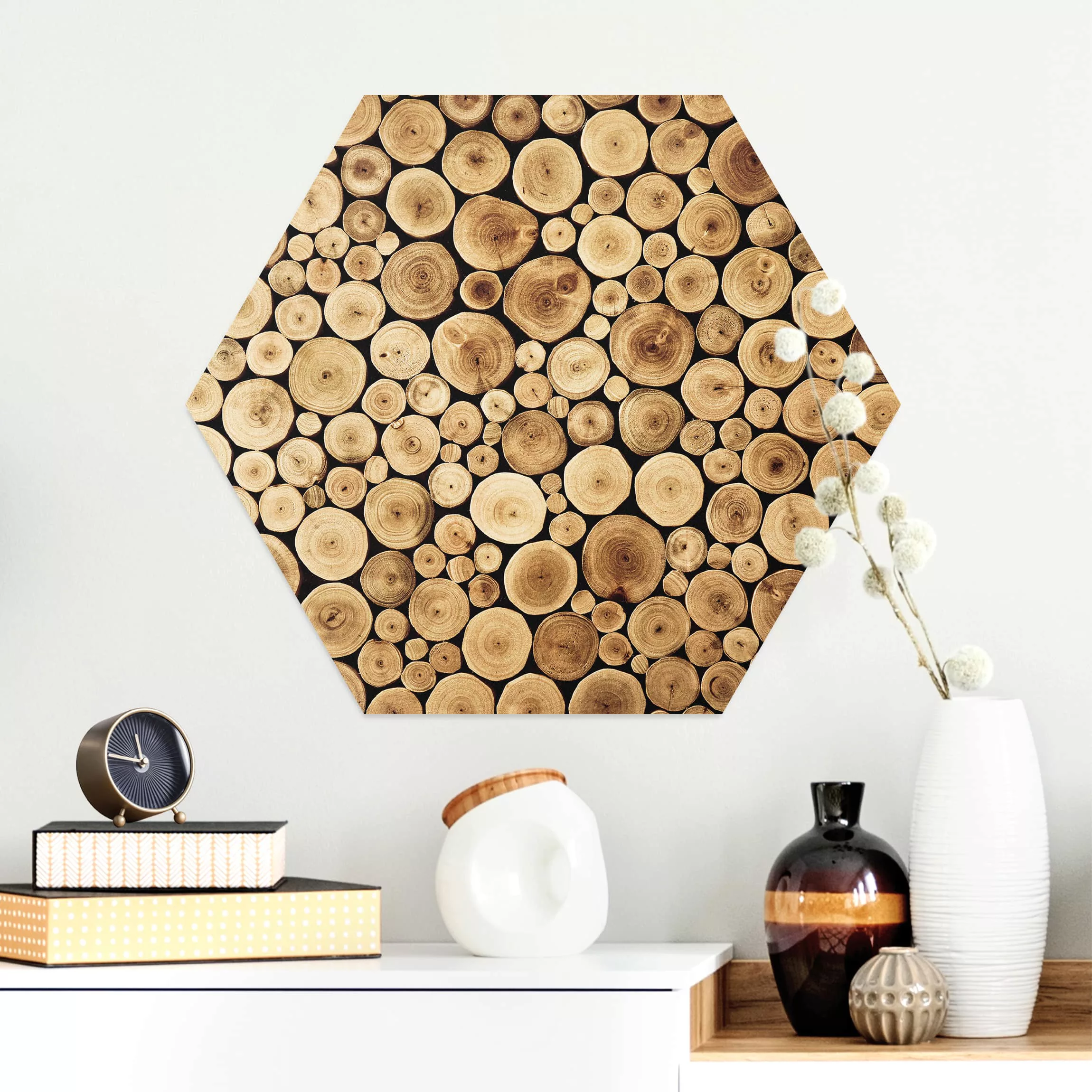 Hexagon-Alu-Dibond Bild Homey Firewood günstig online kaufen