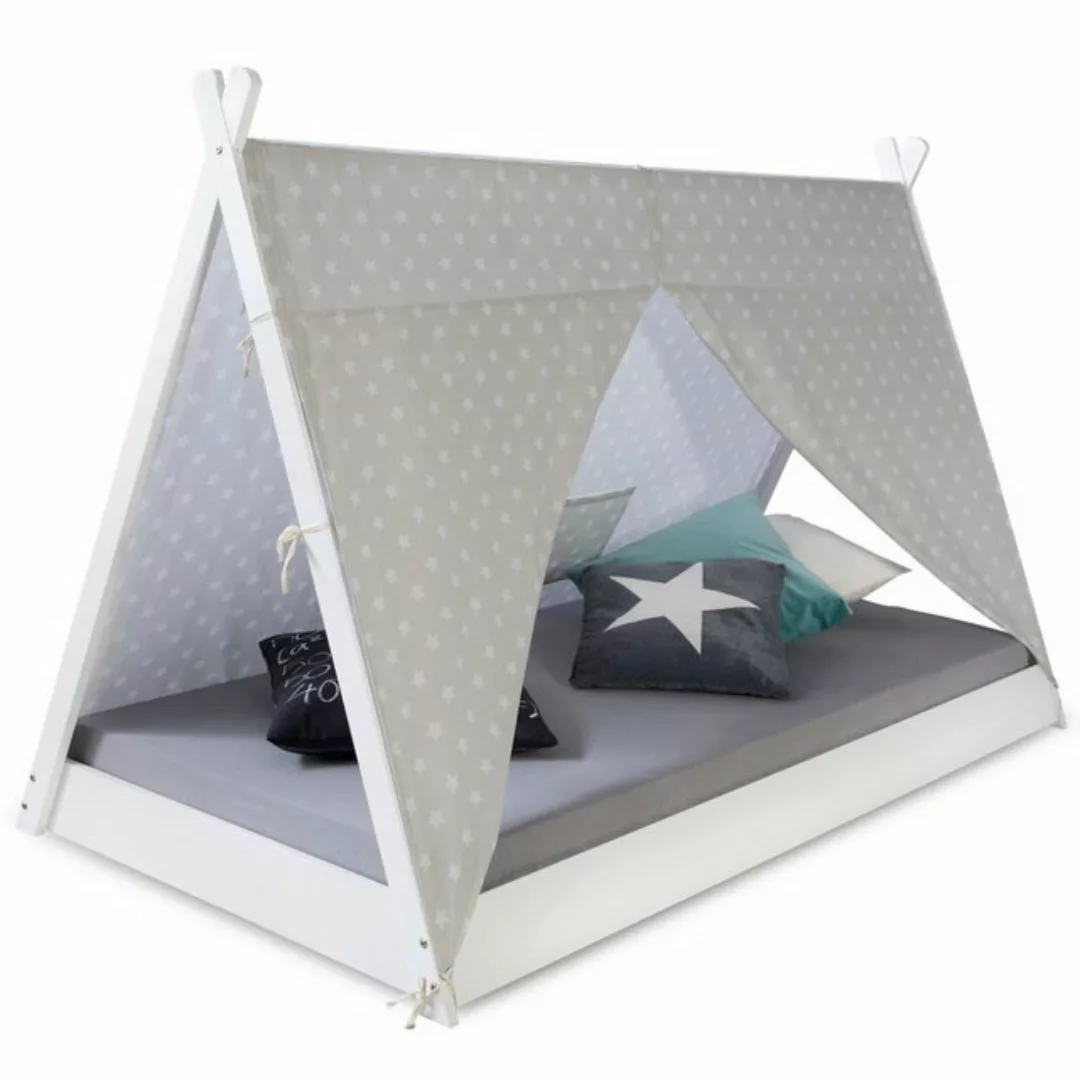 Homestyle4u Kinderbett Kinderbett mit Matratze TIPI 90x200 Weiß Grau Bettka günstig online kaufen