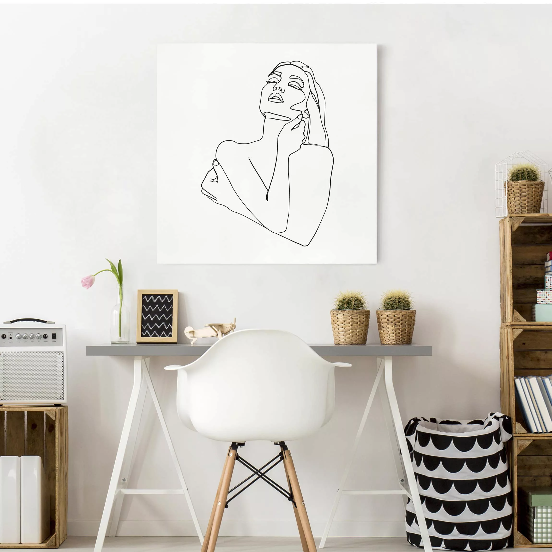 Leinwandbild Portrait - Quadrat Line Art Frau Oberkörper Schwarz Weiß günstig online kaufen