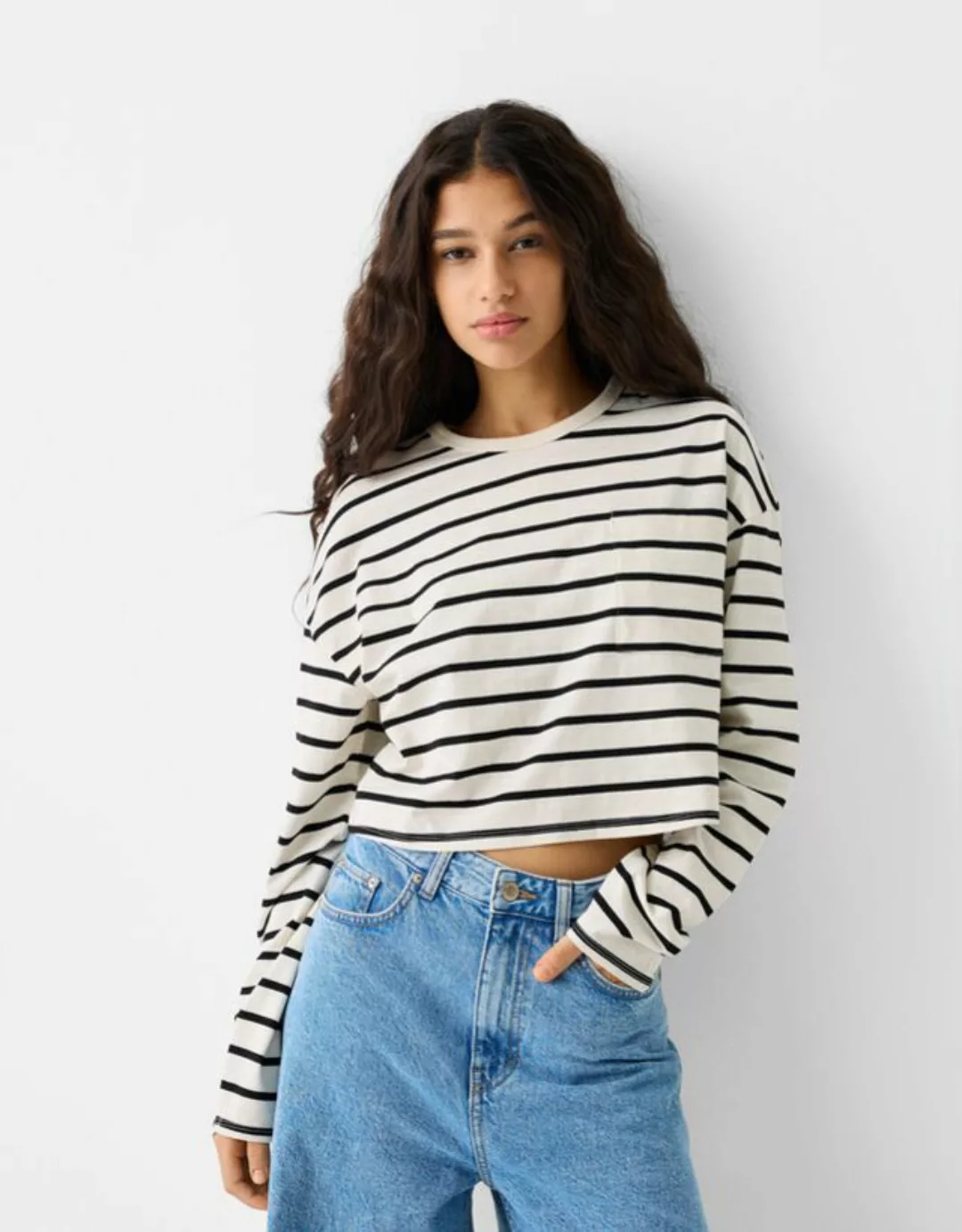 Bershka Gestreifter Pullover Damen L Weiss / Schwarz günstig online kaufen