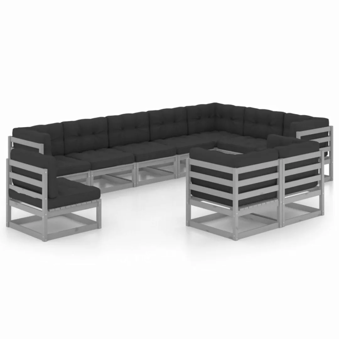 10-tlg. Garten-lounge-set Mit Kissen Grau Kiefer Massivholz günstig online kaufen