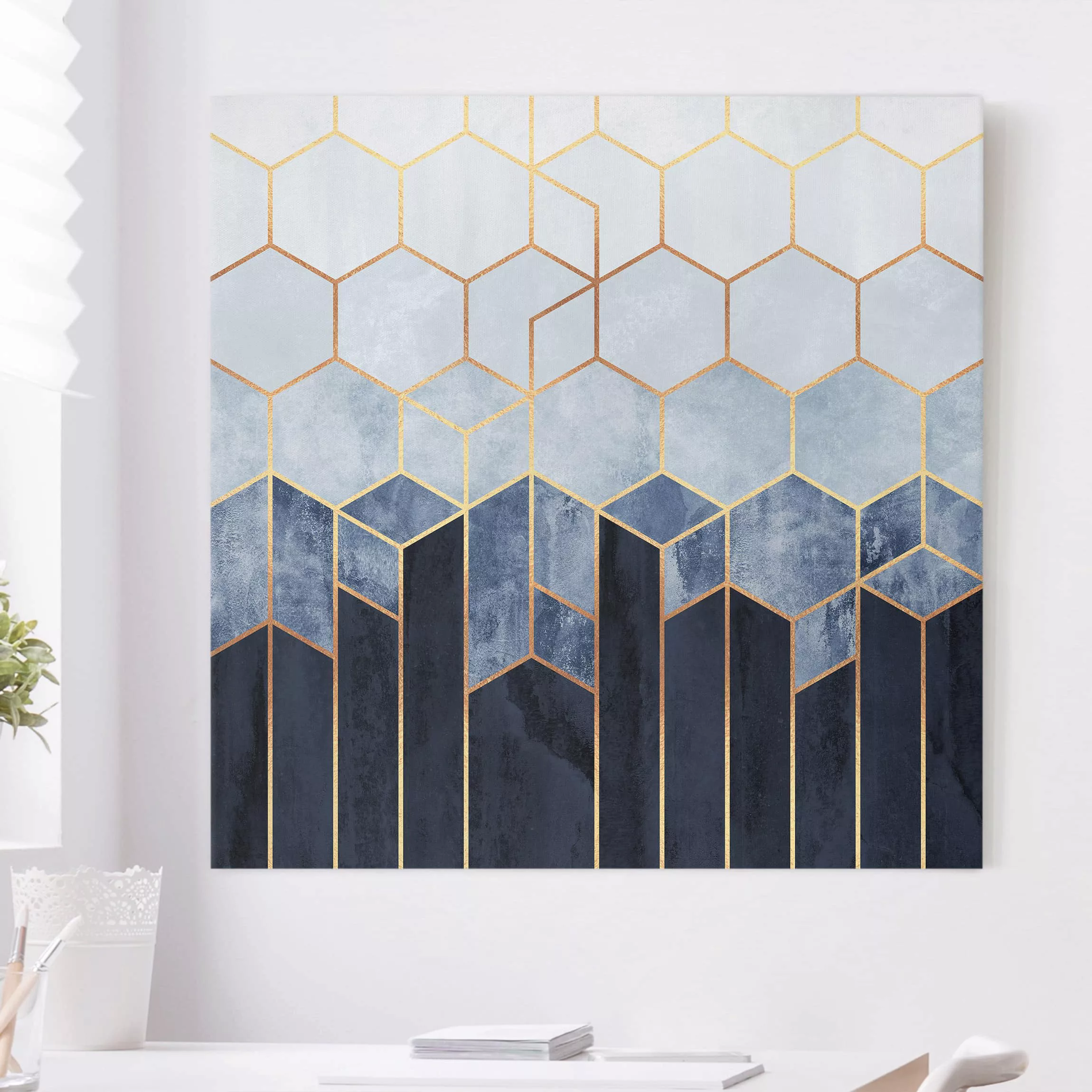 Leinwandbild Abstrakt - Quadrat Goldene Sechsecke Blau Weiß günstig online kaufen
