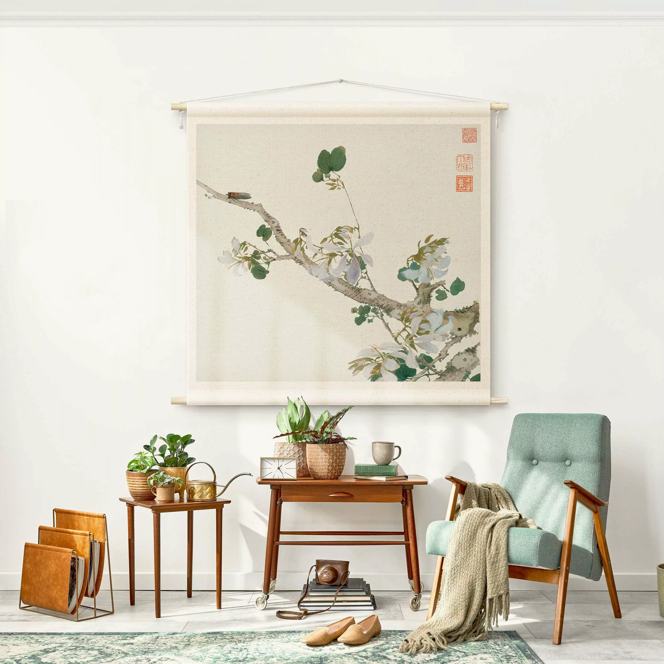 Wandteppich Asiatische Zeichnung - Ast mit Blüten günstig online kaufen