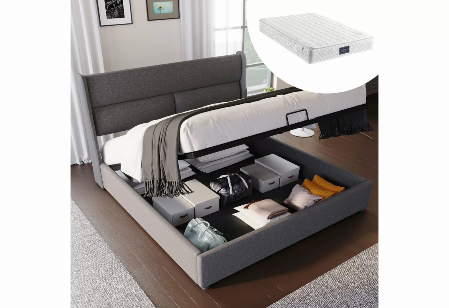 MODFU Polsterbett Doppelbett mit Verstellbare Kopfstützen (140x200 mit latt günstig online kaufen