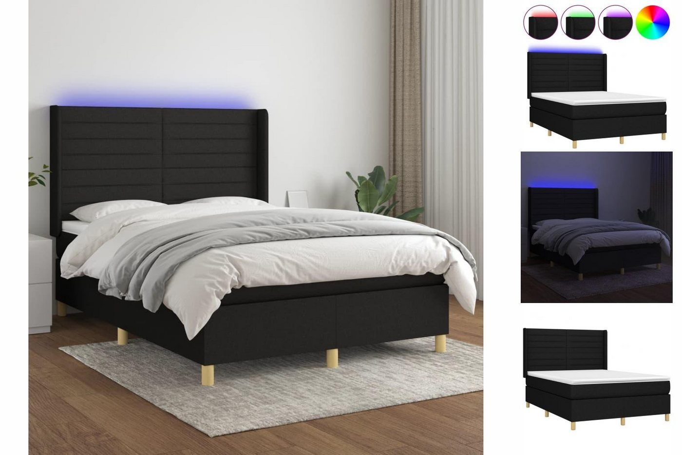 vidaXL Bettgestell Boxspringbett mit Matratze LED Schwarz 140x200 cm Stoff günstig online kaufen