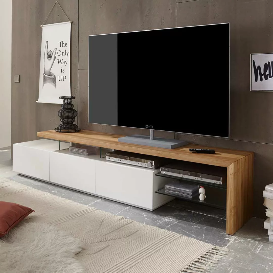 TV Lowboard in Weiß mit Eiche Massivholz günstig online kaufen