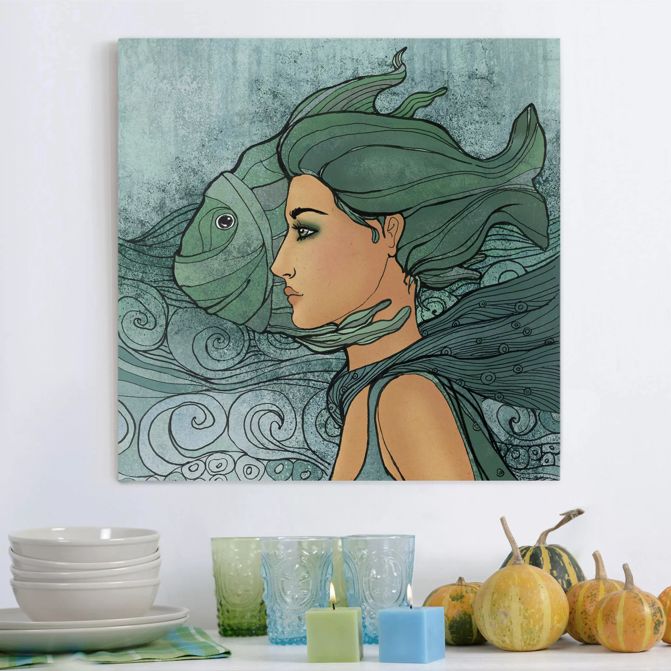 Leinwandbild Portrait - Quadrat Meerjungfrau im Jugendstil günstig online kaufen