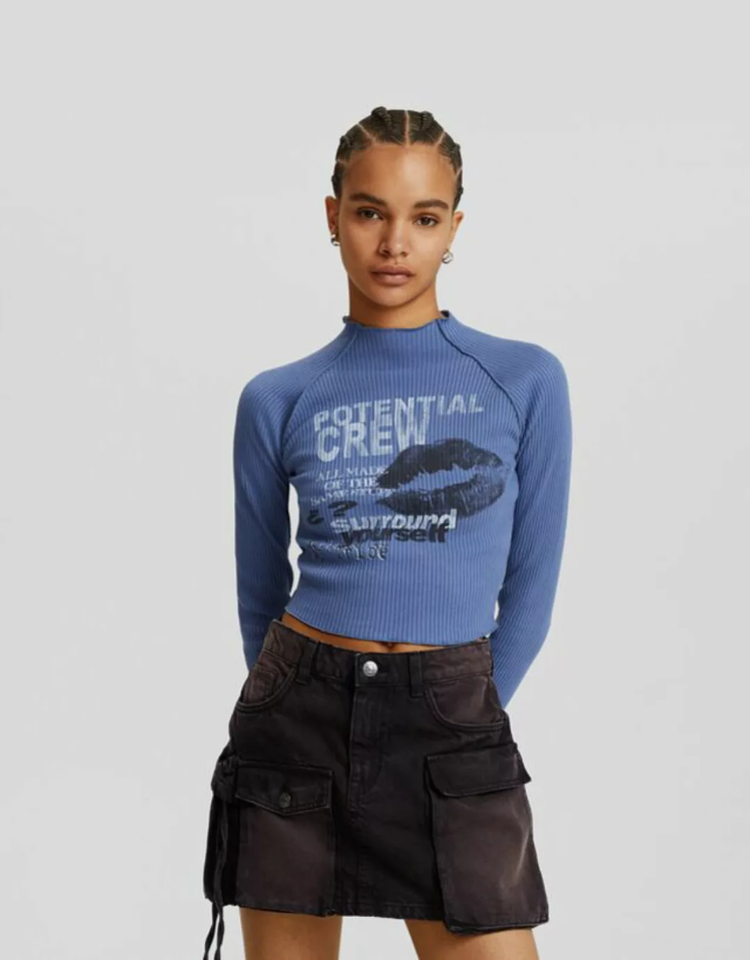 Bershka Pullover Mit Langen Ärmeln Und Print Damen 10-12 Blau günstig online kaufen