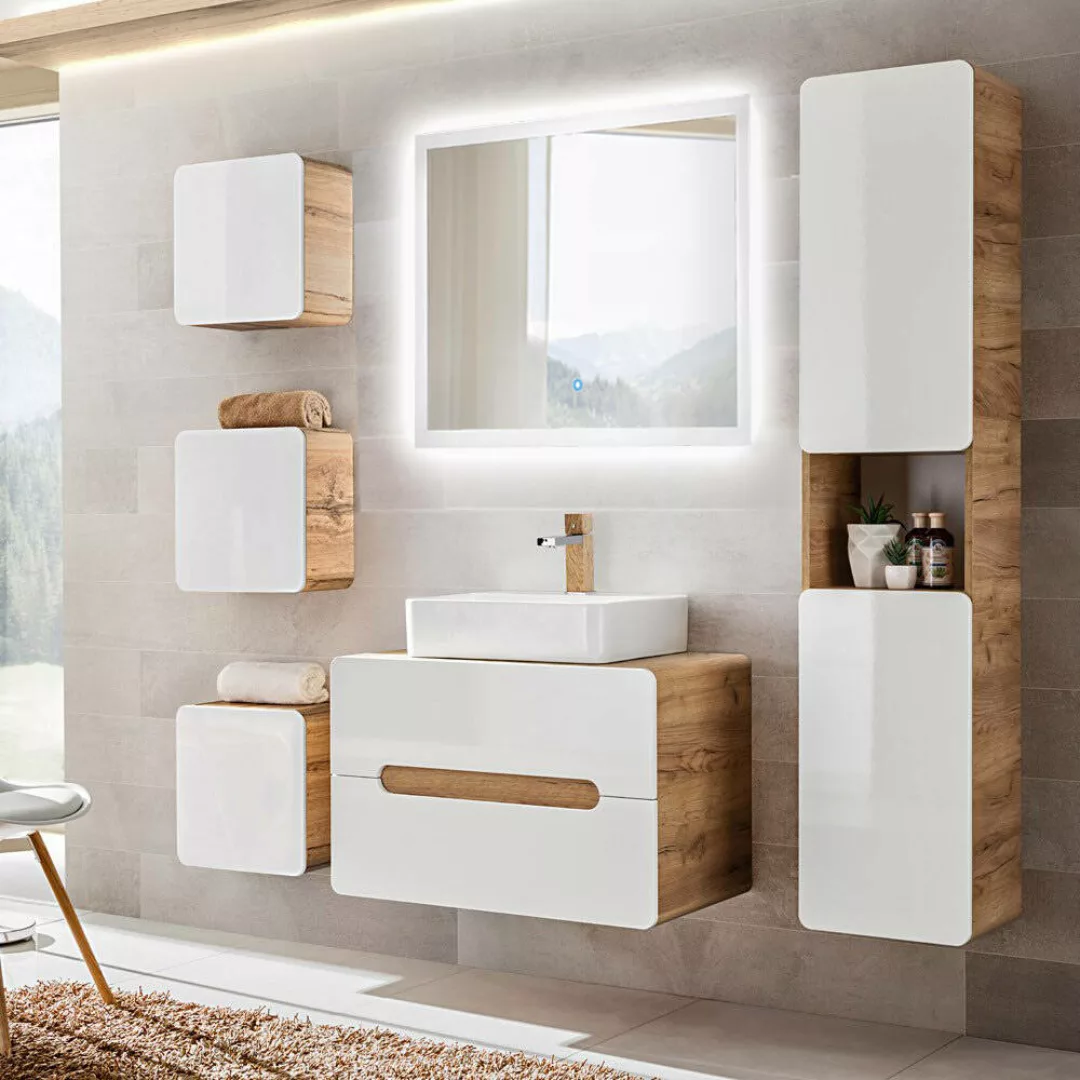 Badezimmer Set mit Keramik Waschbecken LUTON-56 in Hochglanz weiß mit Wotan günstig online kaufen