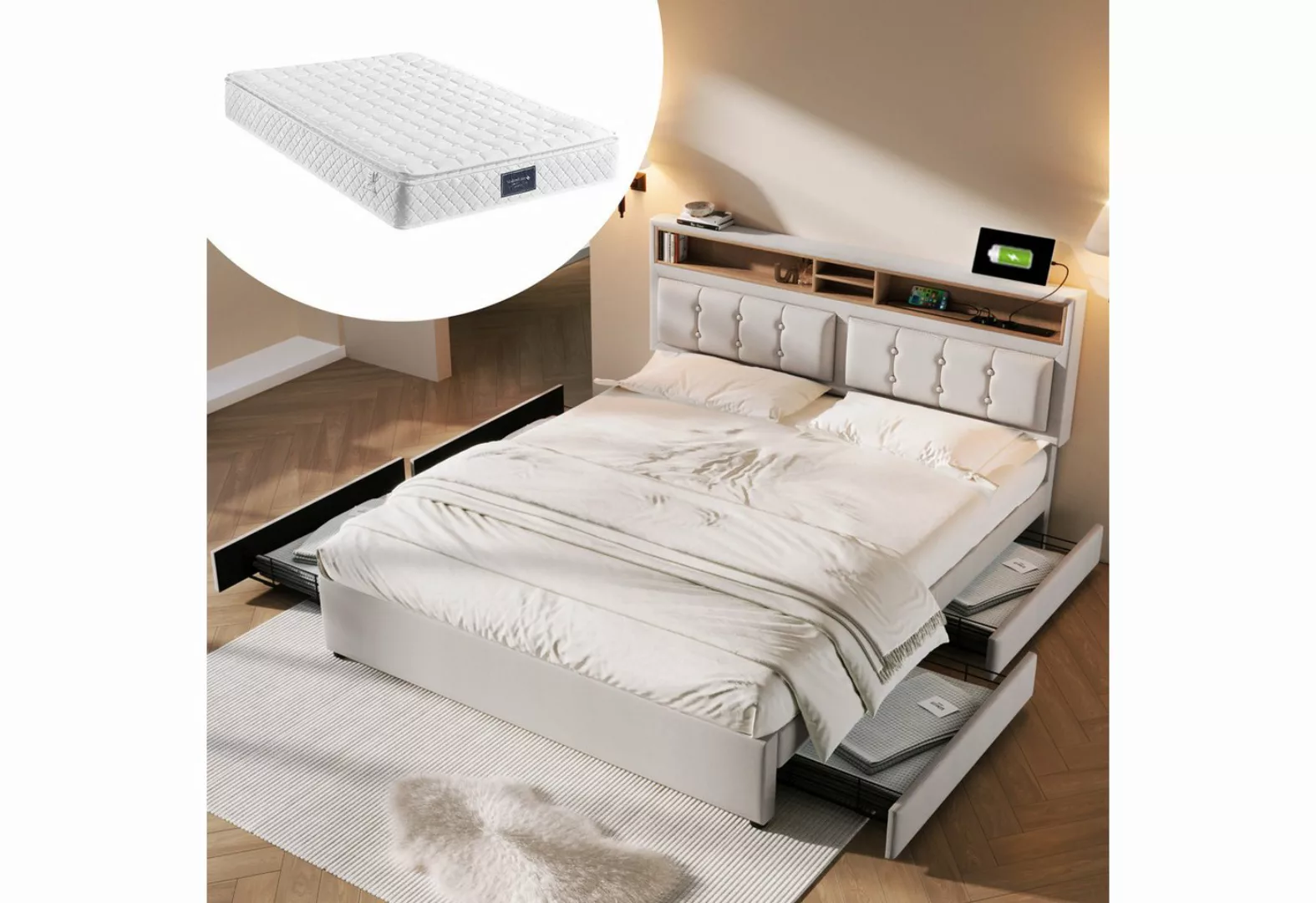 HT Polsterbett mit 4-Schubladen Doppelbett (Mit Matratze), 160x200 cm, Höhe günstig online kaufen