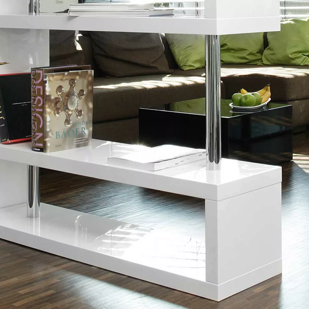 Hochglanz Bücherregal in Weiß und Chromfarben 165 cm hoch günstig online kaufen