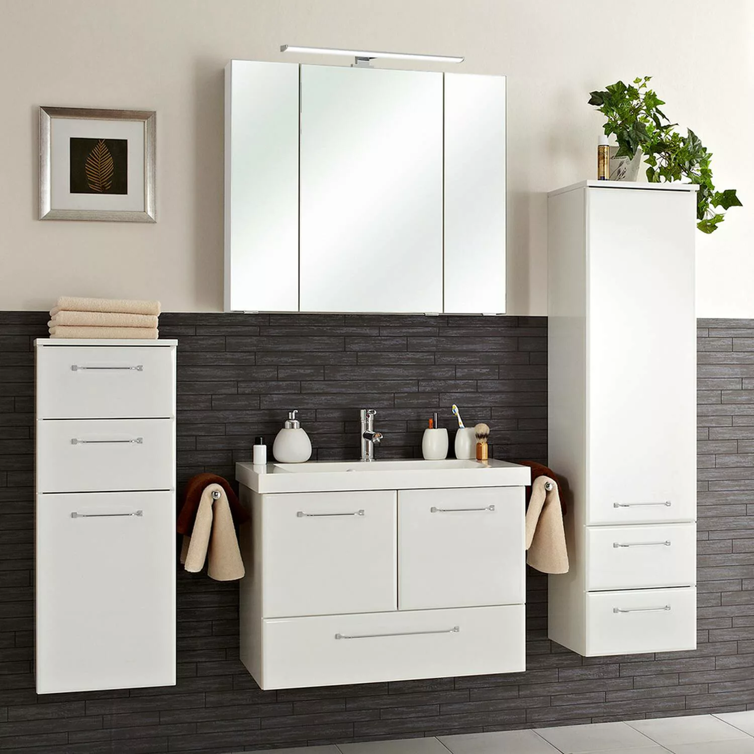 Badmöbel Set mit Waschbecken aus Mineralmarmor QUEBEC-66 in weiß Hochglanz, günstig online kaufen